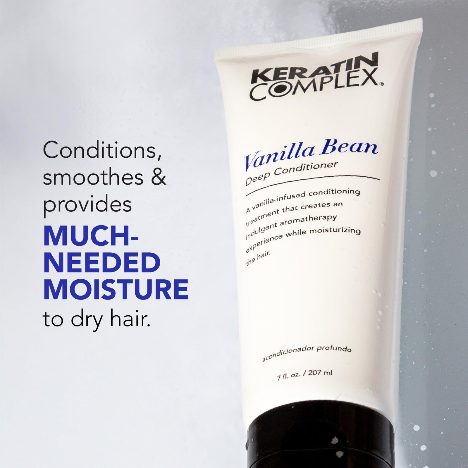 Keratin Complex Vanilla Bean Deep Conditioner 7 oz jar with creamy texture and vanilla bean scent for nourishing hair care.
