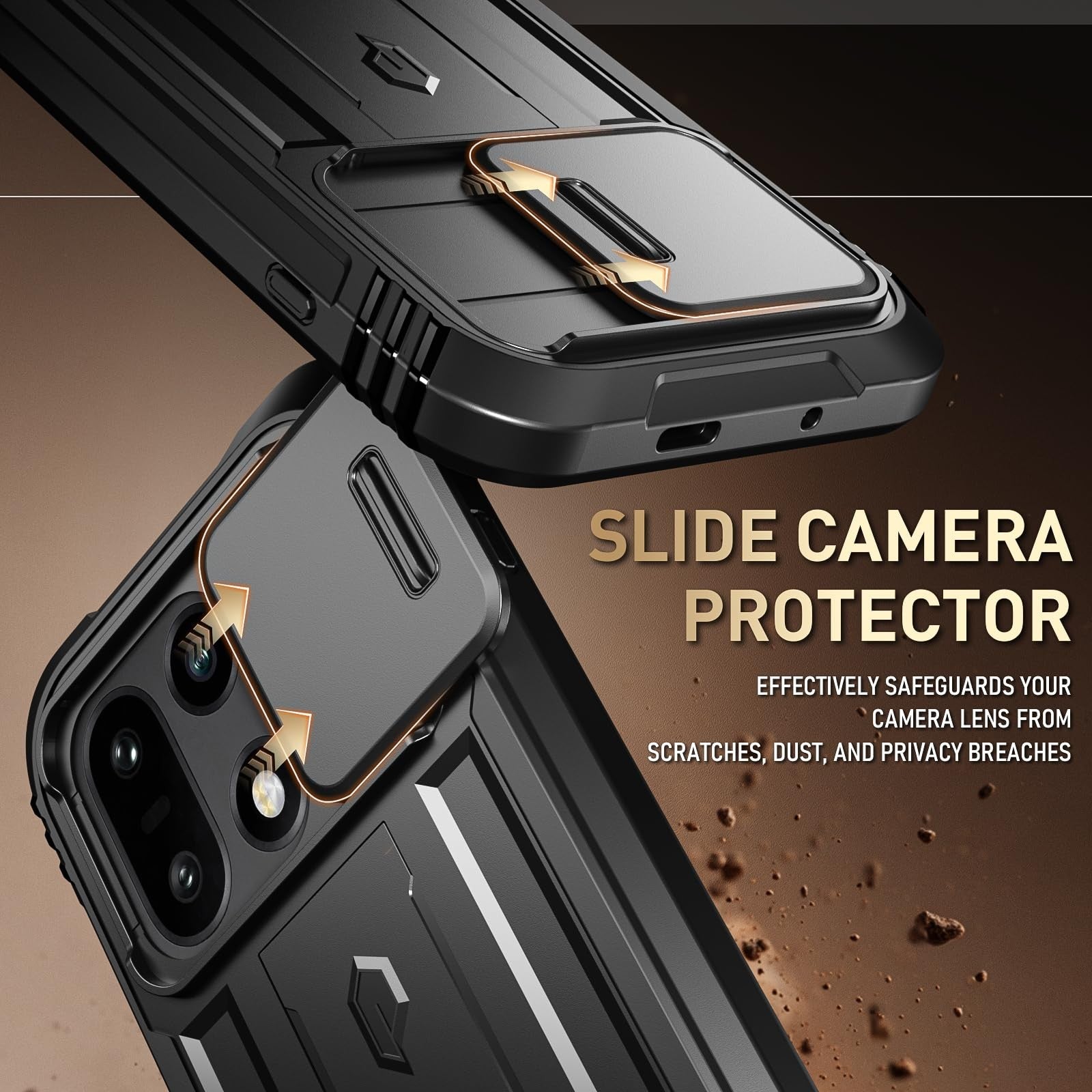 Poetic Revolution case for OnePlus 15 5G with slide camera cover and two tempered glass screen protectors on a white background.