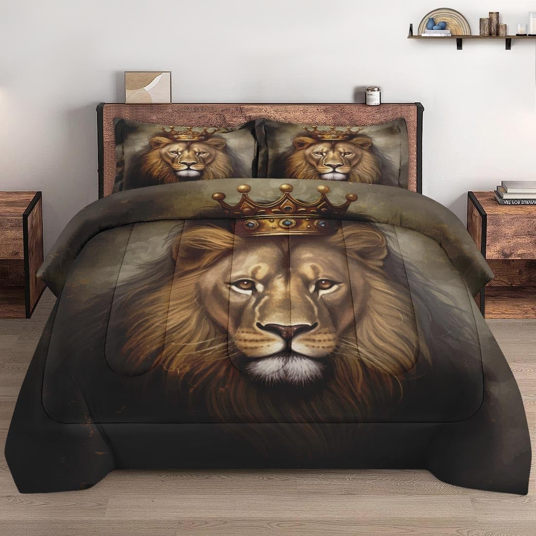 Pamnest King Lion golden comforter set with soft bedding for kids, featuring a lion design, queen size, three-piece bedding ensemble.