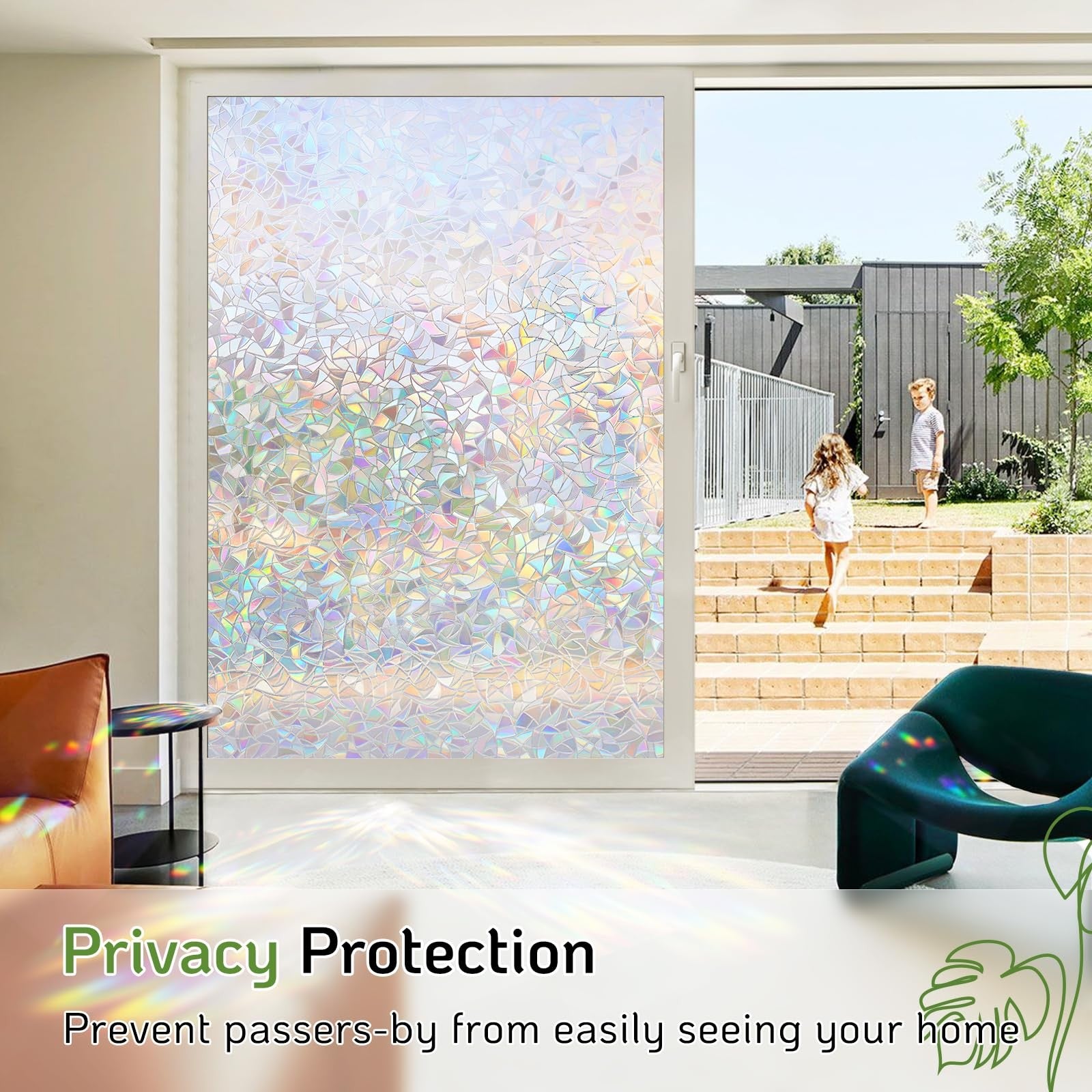 LUTE Rainbow Lute Window Privacy Film with 3D stained glass design on clear adhesive cling for decorative window privacy.