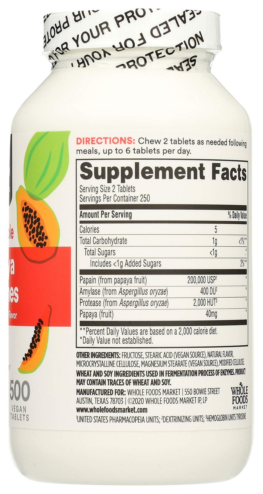 Two bottles of 365 by Whole Foods Market Papaya Enzymes chews in a 500-count pack, showing the label and product packaging.