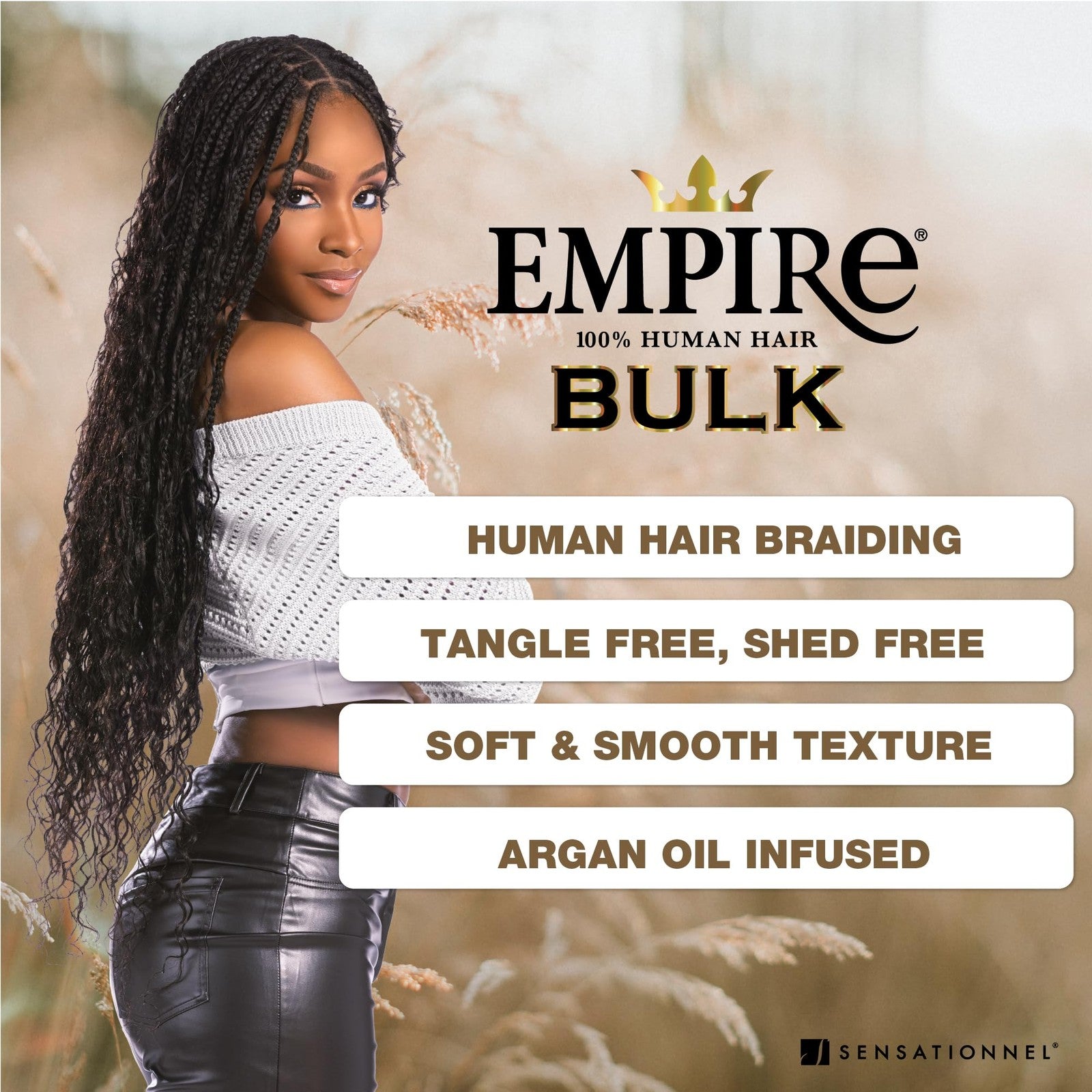 Sensational Empire Bulk Braiding by Sensationnel showing deep human hair for knotless boho box braids, styled in a natural braid pattern.