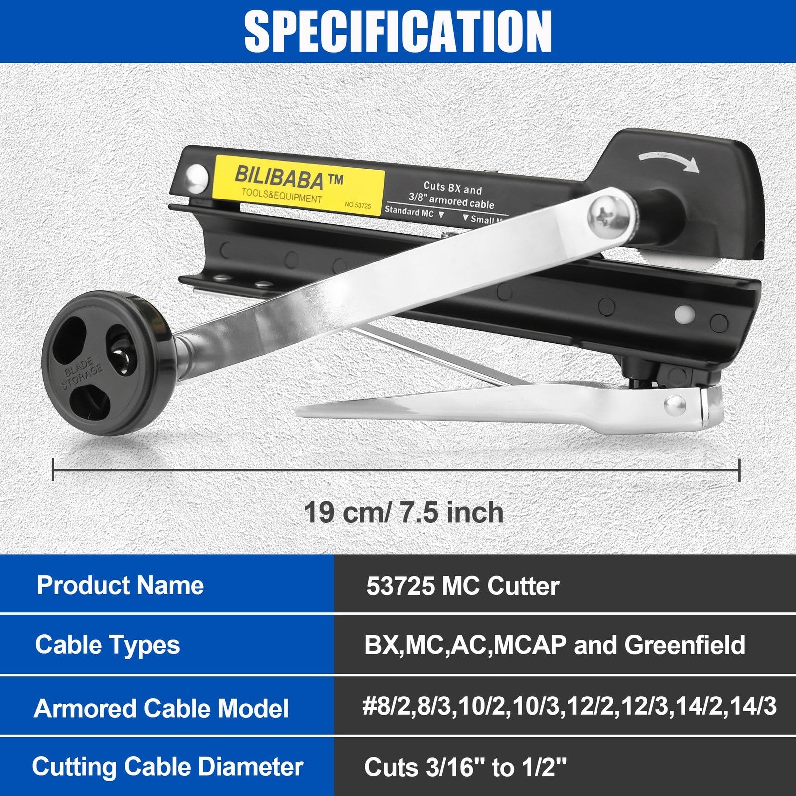 Blibaba Greenfield armored cable cutter and BX cable cutter with easy assembly, suitable for 3/16" to 1-inch MC cables.