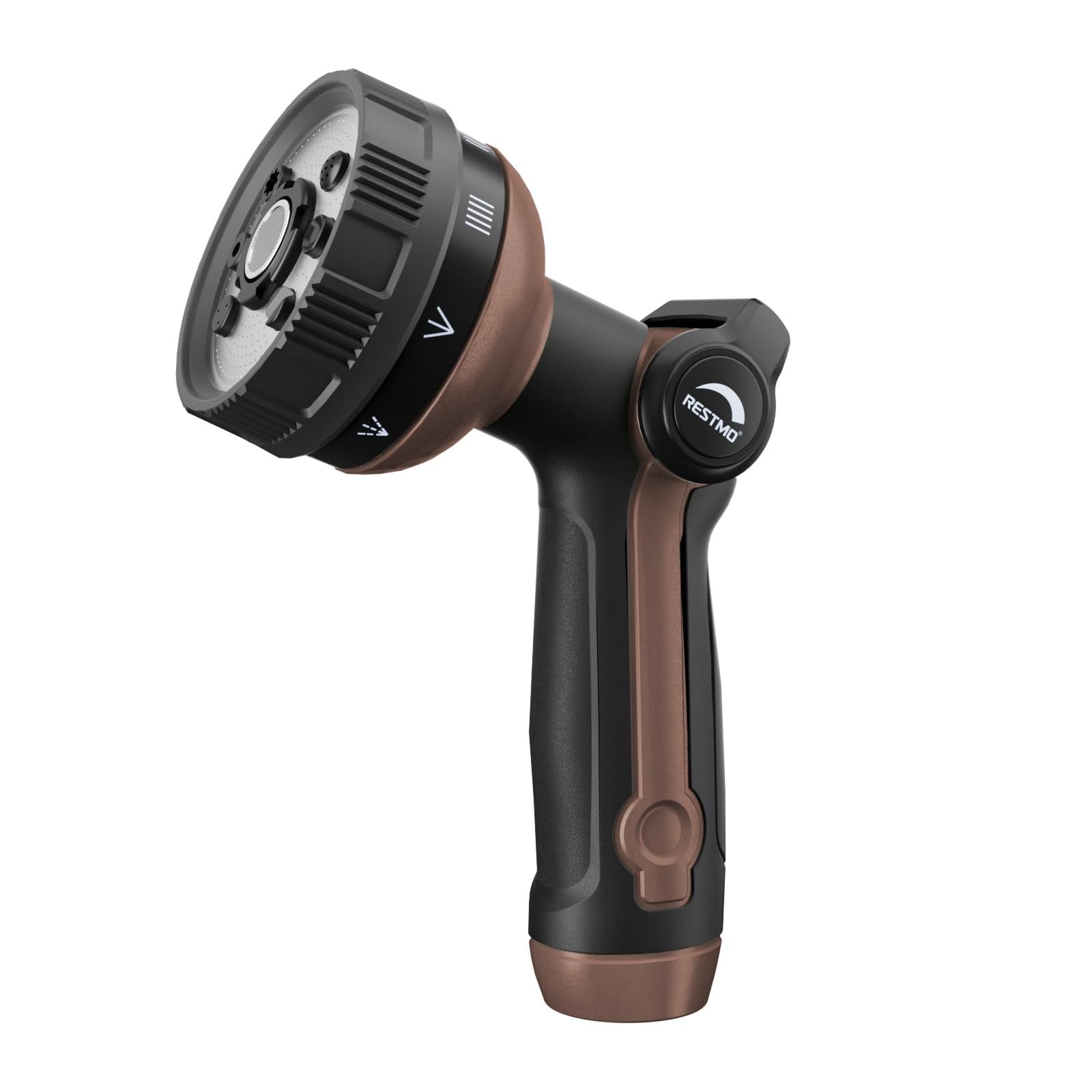 Restmo full shower hose nozzle with metal spray patterns for garden hose, featuring 8 adjustable spray settings.
