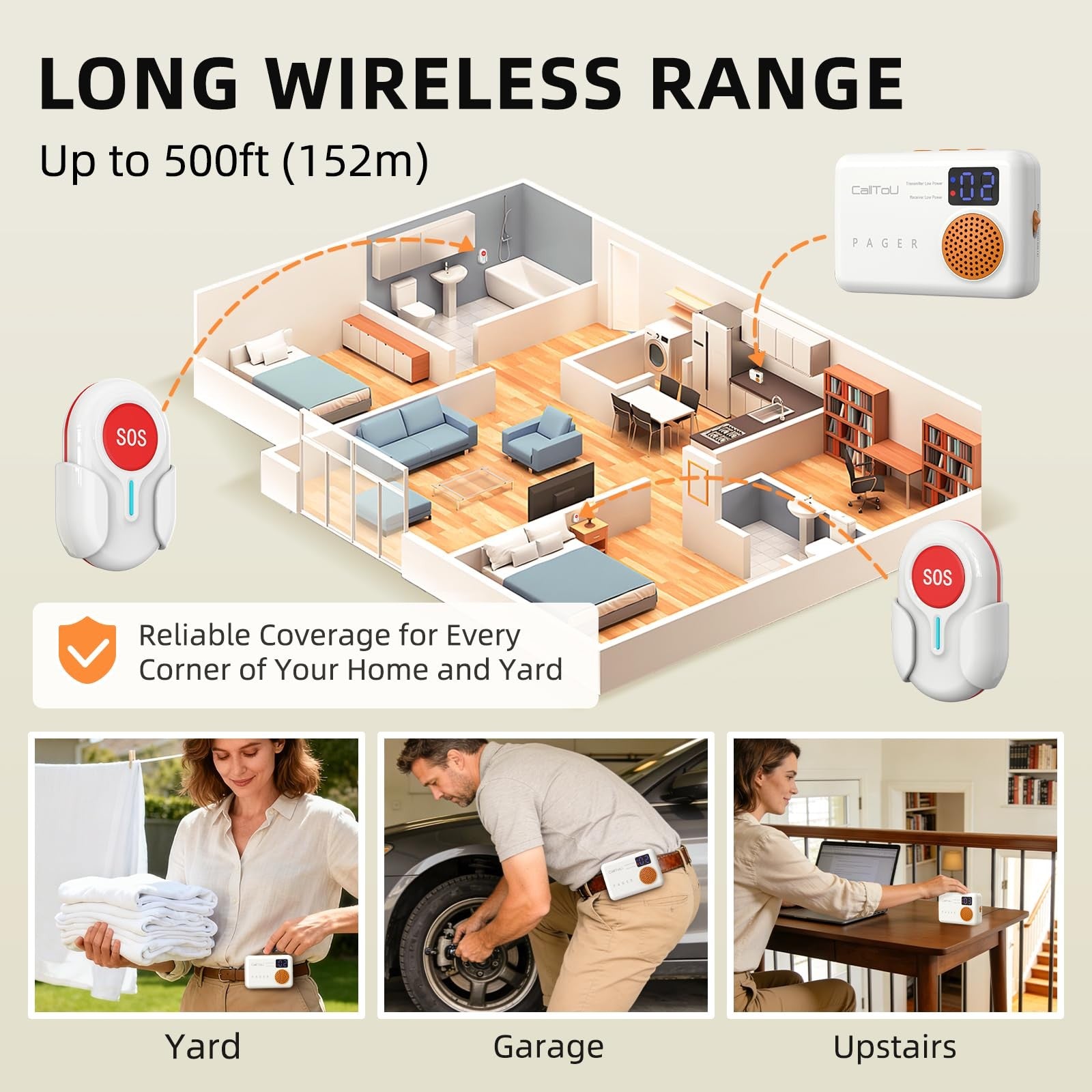 CallToU wireless caregiver pager with call button for elderly at home, portable device with buttons and indicator lights.