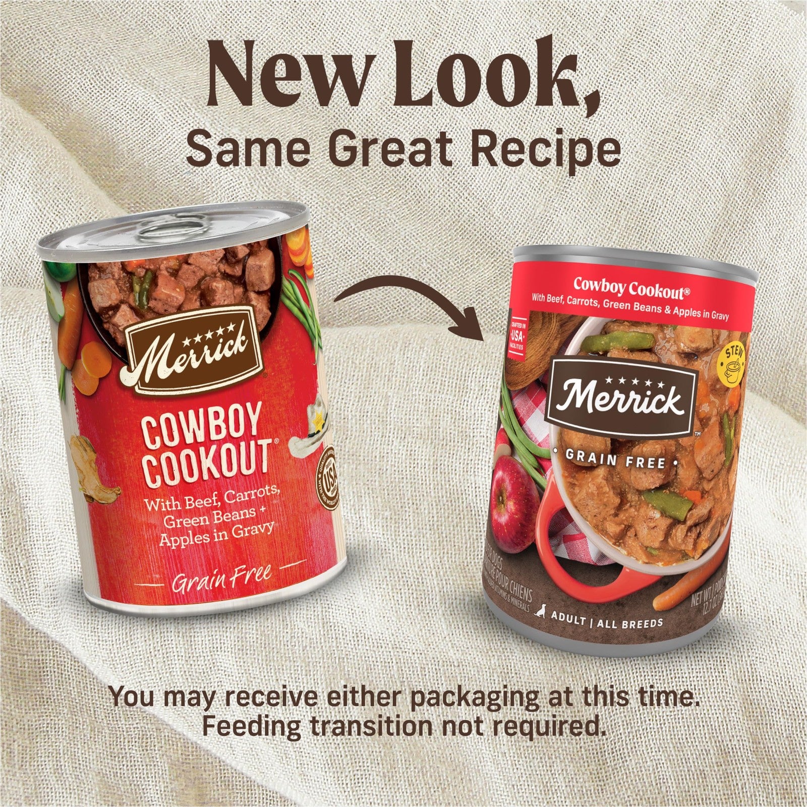 Merrick Grain Free Wet Dog Food Cowboy Cookout with deboned beef in a 12-can pack, showing the canned dog food with beef chunks.