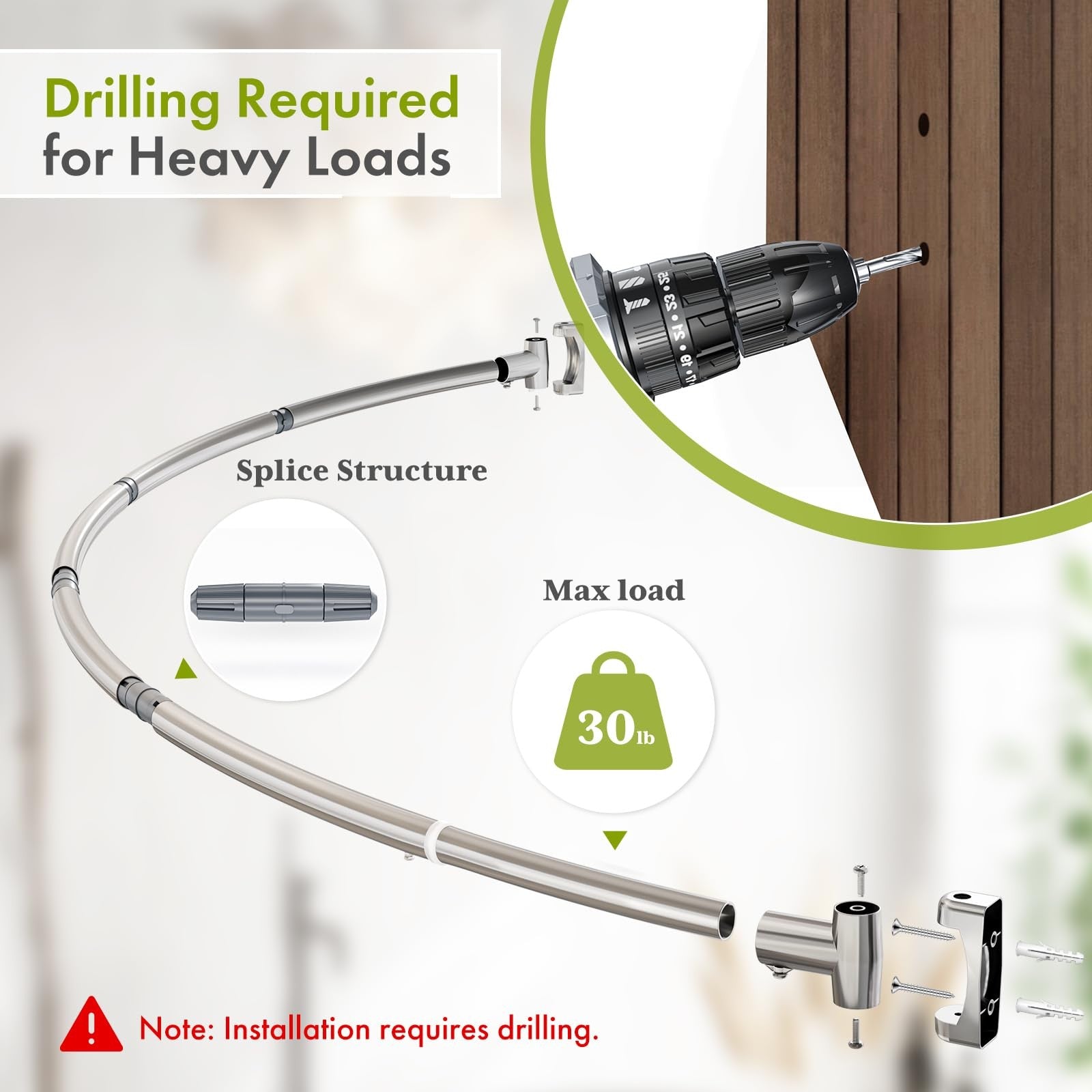 AmazerBath heavy-duty arched curved shower curtain rod extending 20 to 84 inches, made of durable metal with polished finish.
