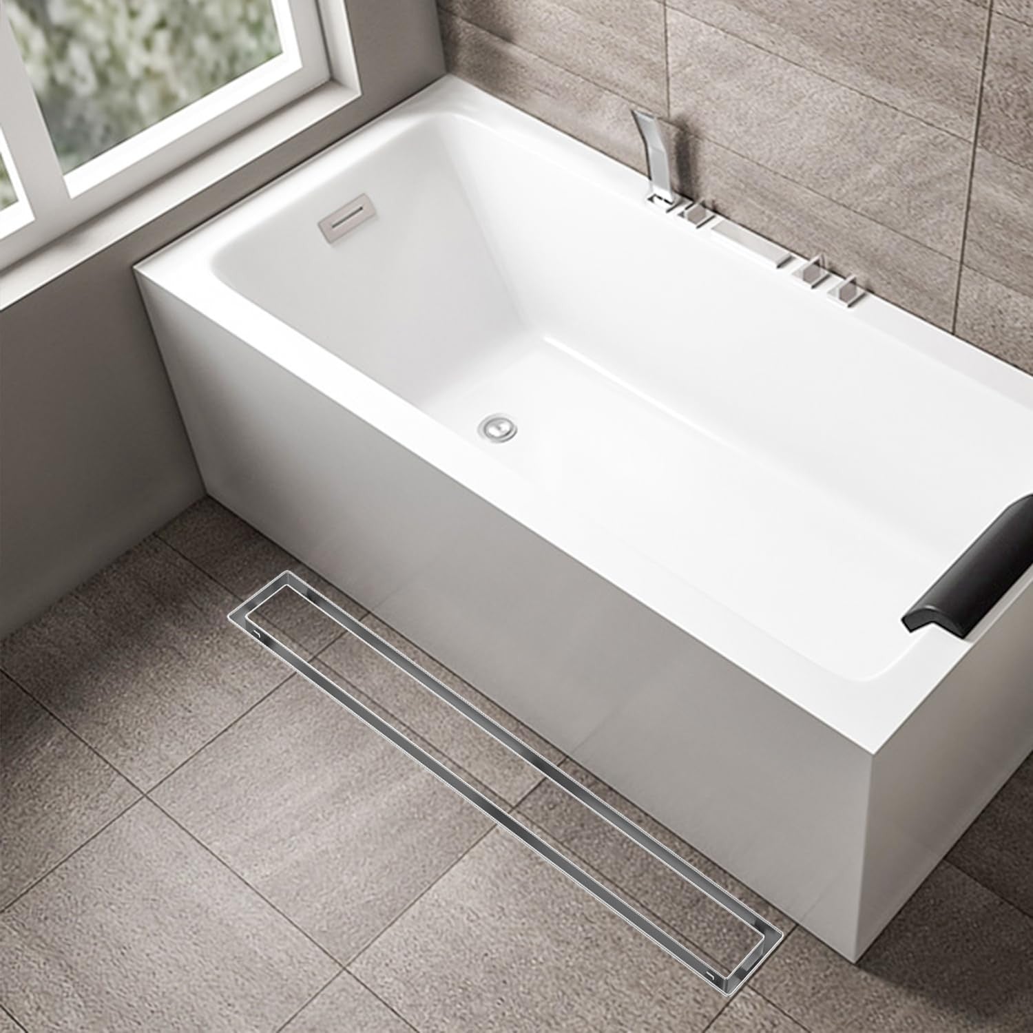 Brushed nickel 24-inch linear shower drain tile insert grate with rectangular design by Bmvlffs showing detailed close-up.