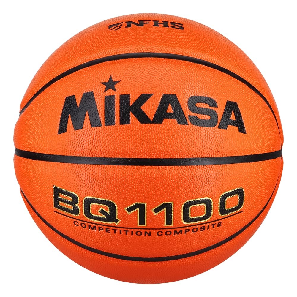 Official size orange Mikasa BQ1100 Competition Basketball, showing textured surface and black branding details.