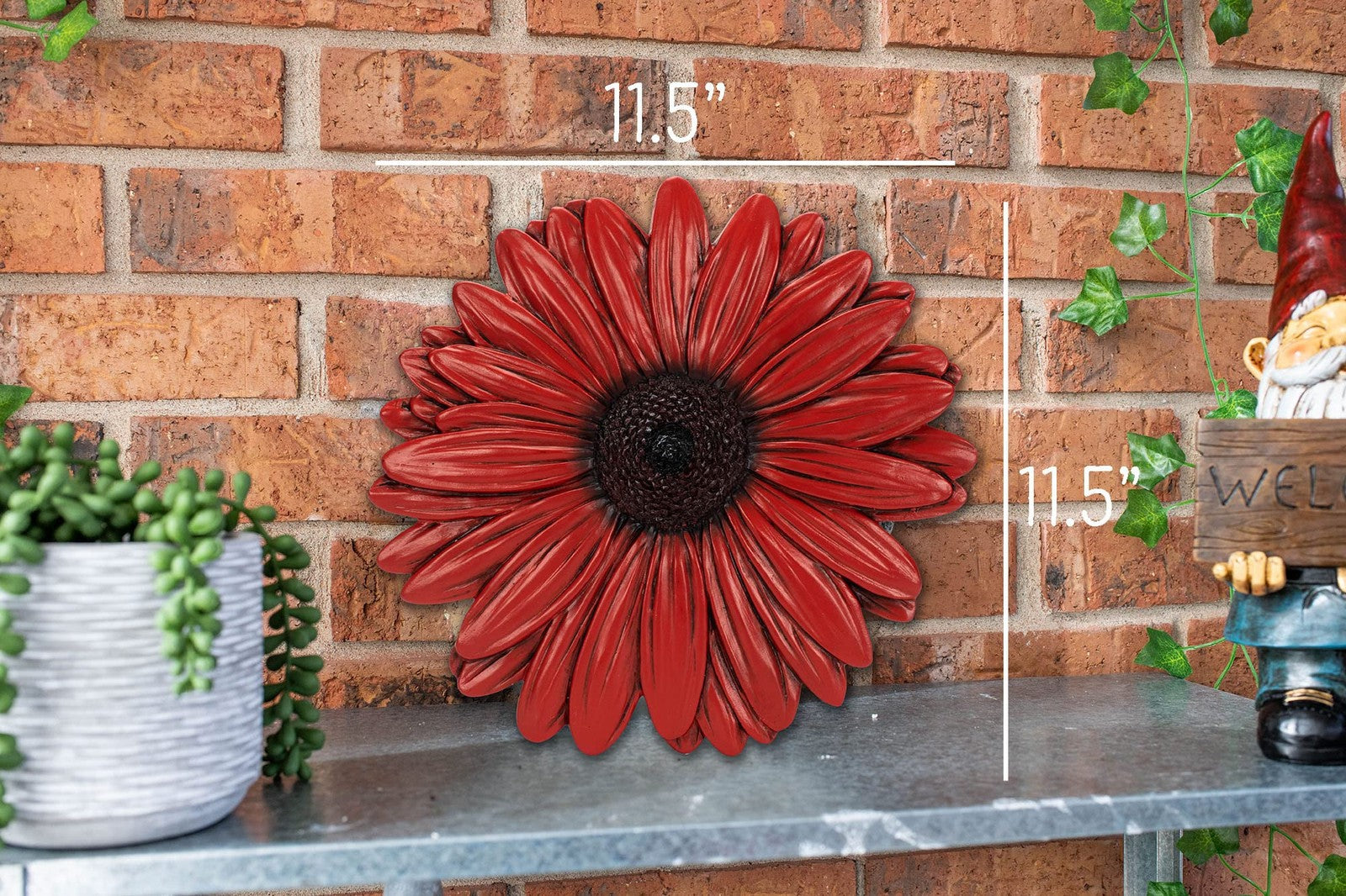 Sunflower-shaped Nat and Jules indoor outdoor 12-inch decorative sculpture with dimensional sunflower petals.