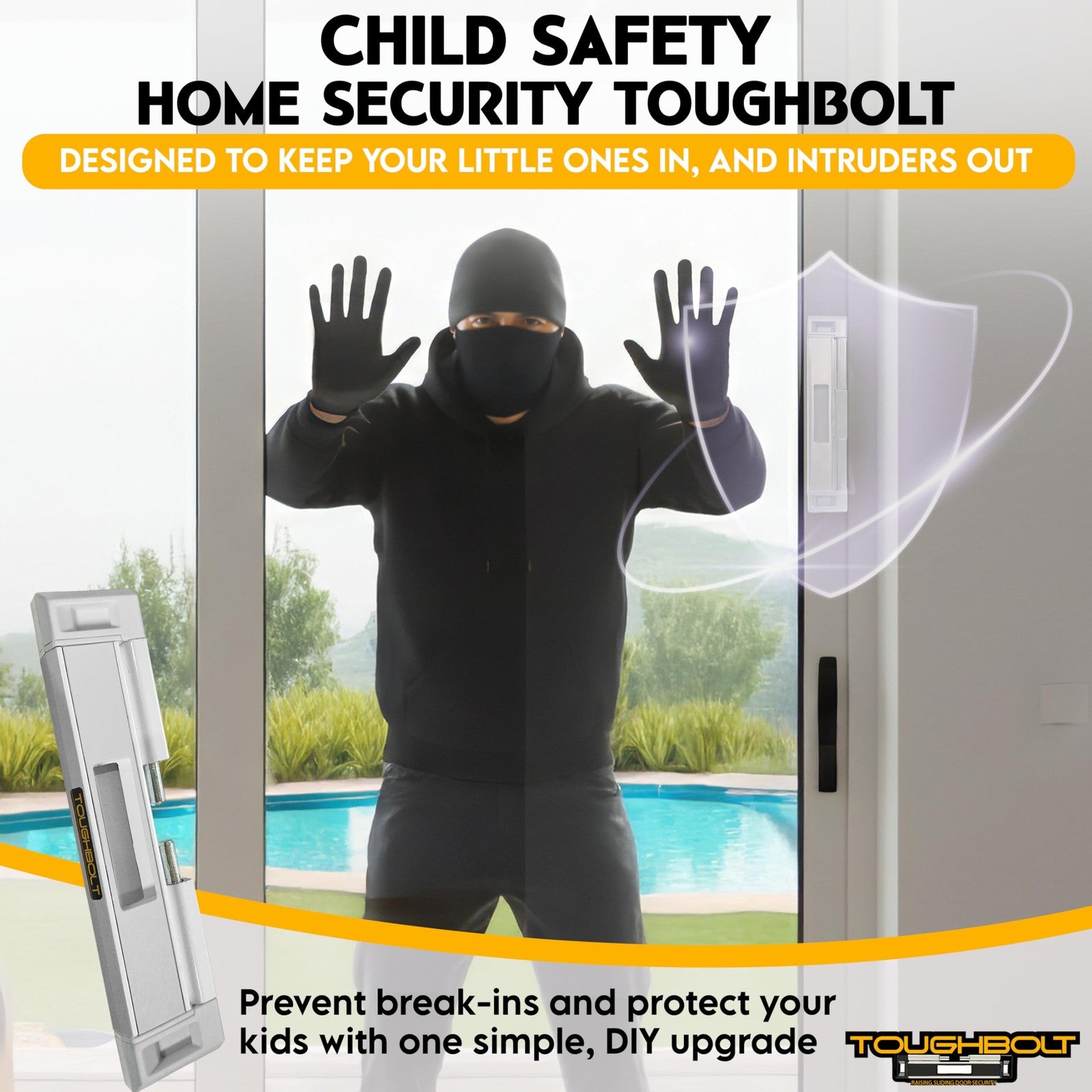TOUGHBOLT sliding door lock with double deadbolt for child safety, featuring a 3-receiver locking mechanism and secure metal construction.