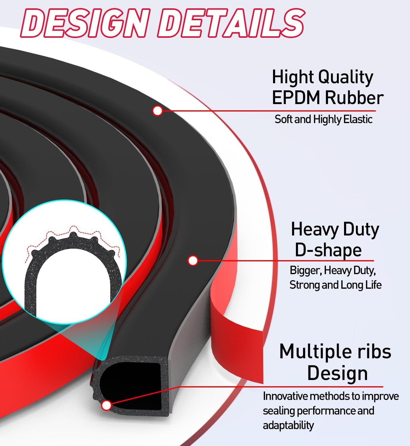 CHUANJI rubber D-shaped weather stripping seal strip for exterior garage doors, 1 inch thick, weatherproof door seal gasket.