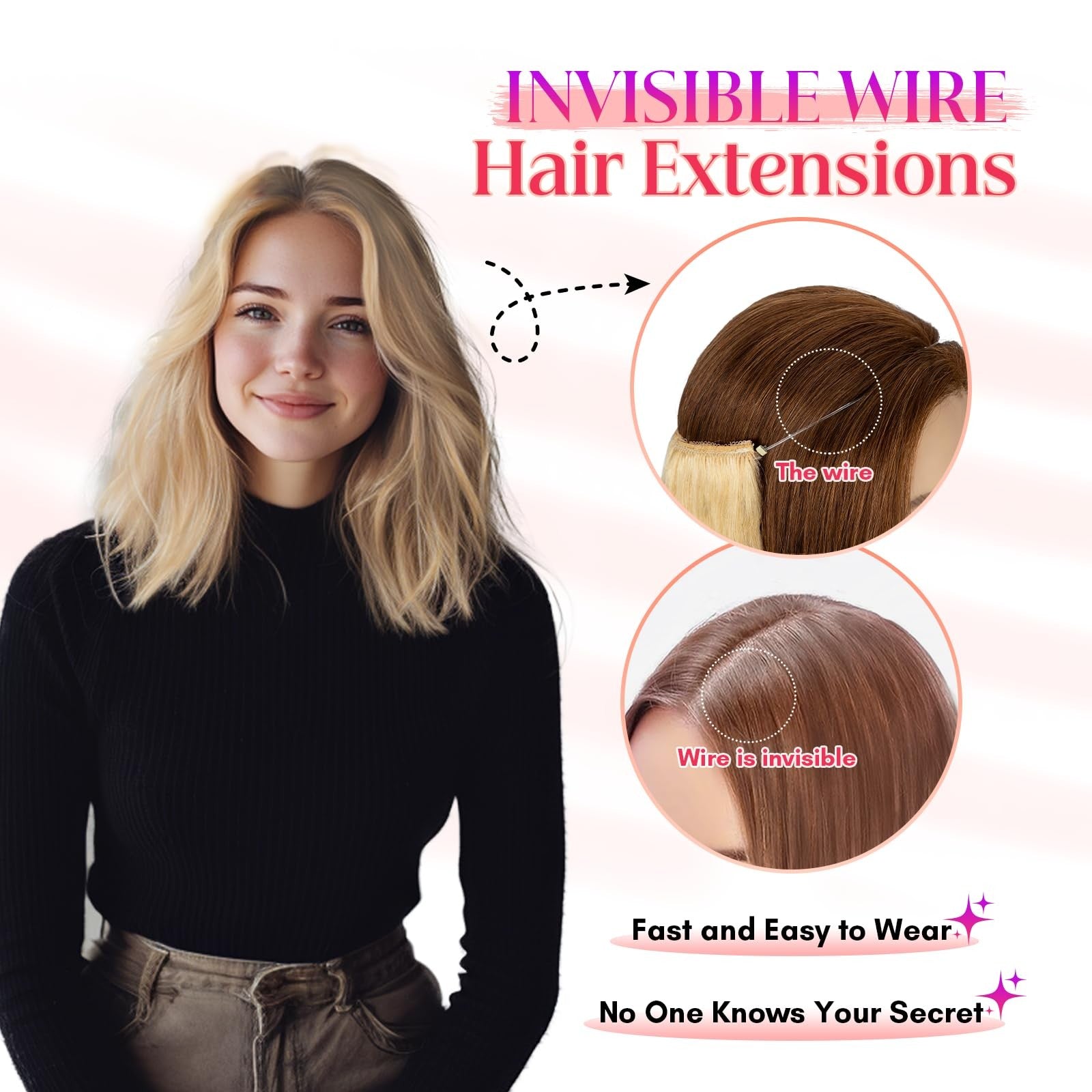 Rich Choices Halo Hair Extensions made of 100% Remy human hair, showing the seamless, natural-looking halo extension in natural hair color.
