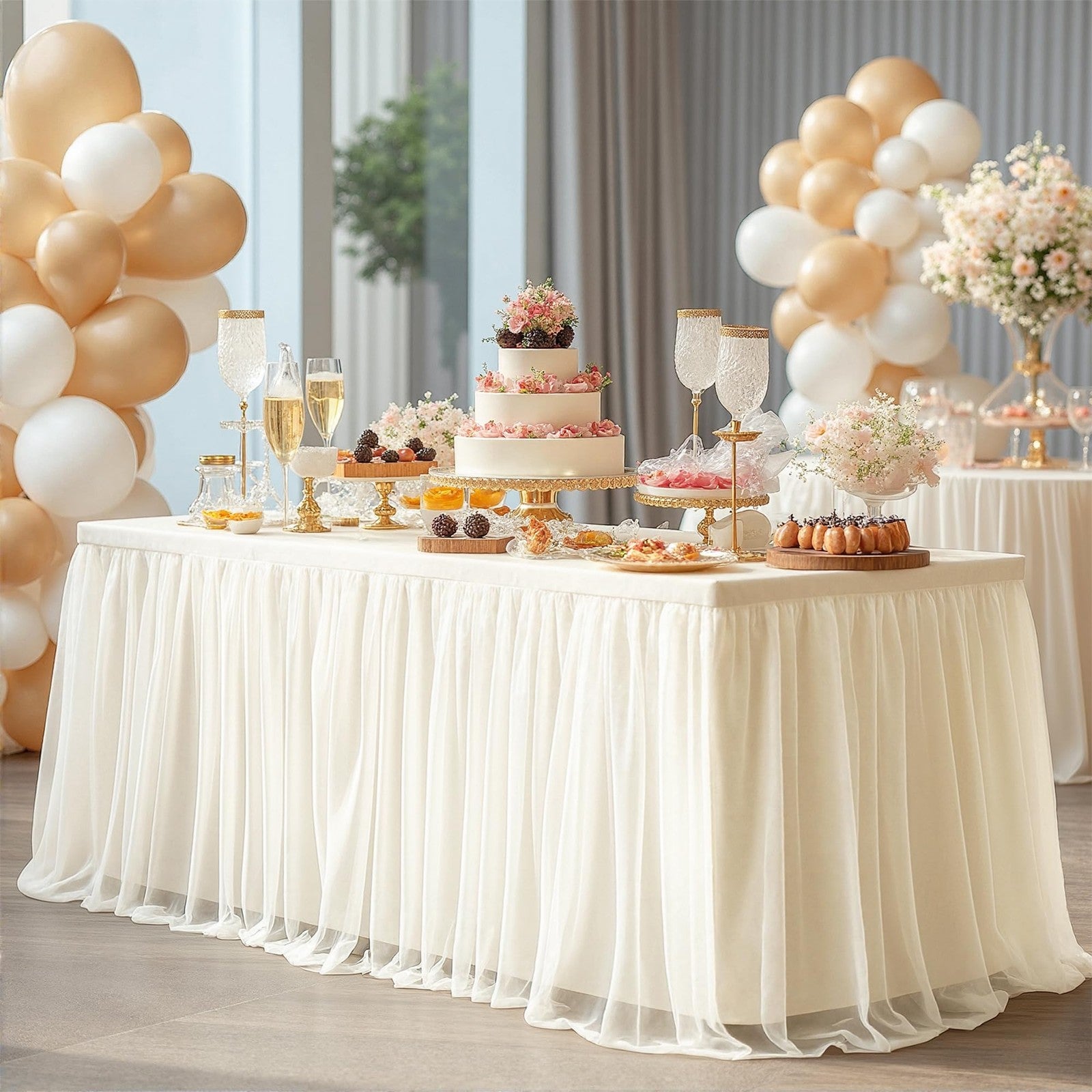 Ivory tulle tablecloth by Wish Care for 8-foot rectangular tables, stretchy and elegant, suitable for special occasions.