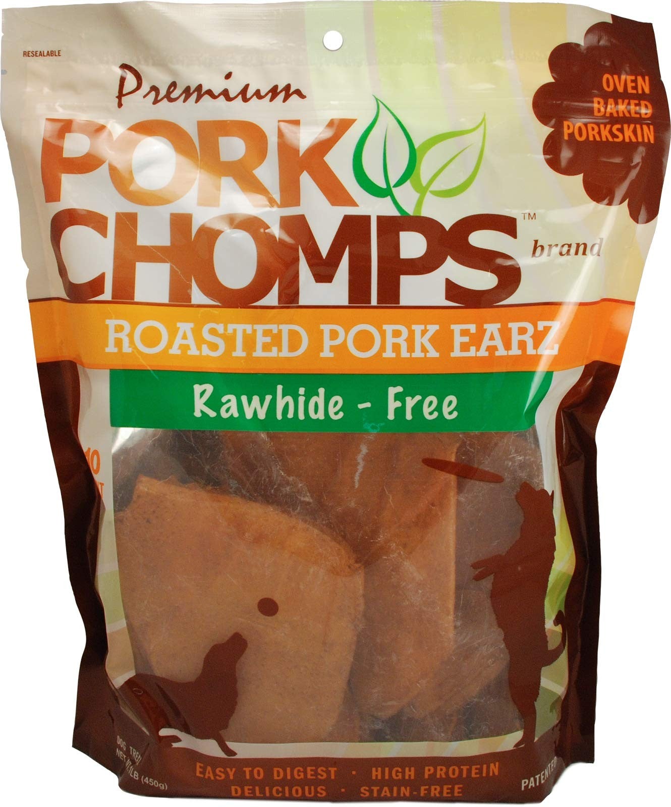 Scott Pet Pork Chomps dog chews bundle showing roasted pork skin ears and rib-shaped treats for dogs.