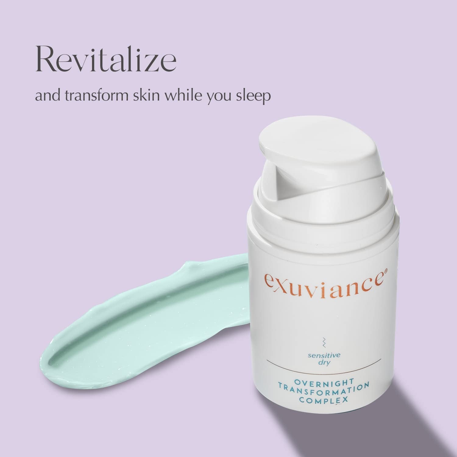 EXUVIANCE Overnight Transformation Complex hydrating night cream jar with hyaluronic acid, shown with a smooth, creamy texture.