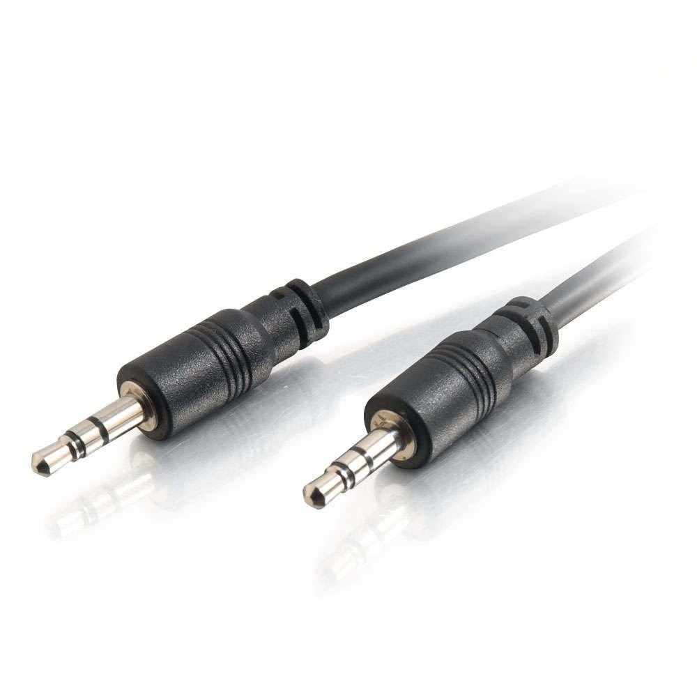 C2G Legrand 3.5mm stereo audio cable with male to male connectors, black color, used for connecting audio devices.