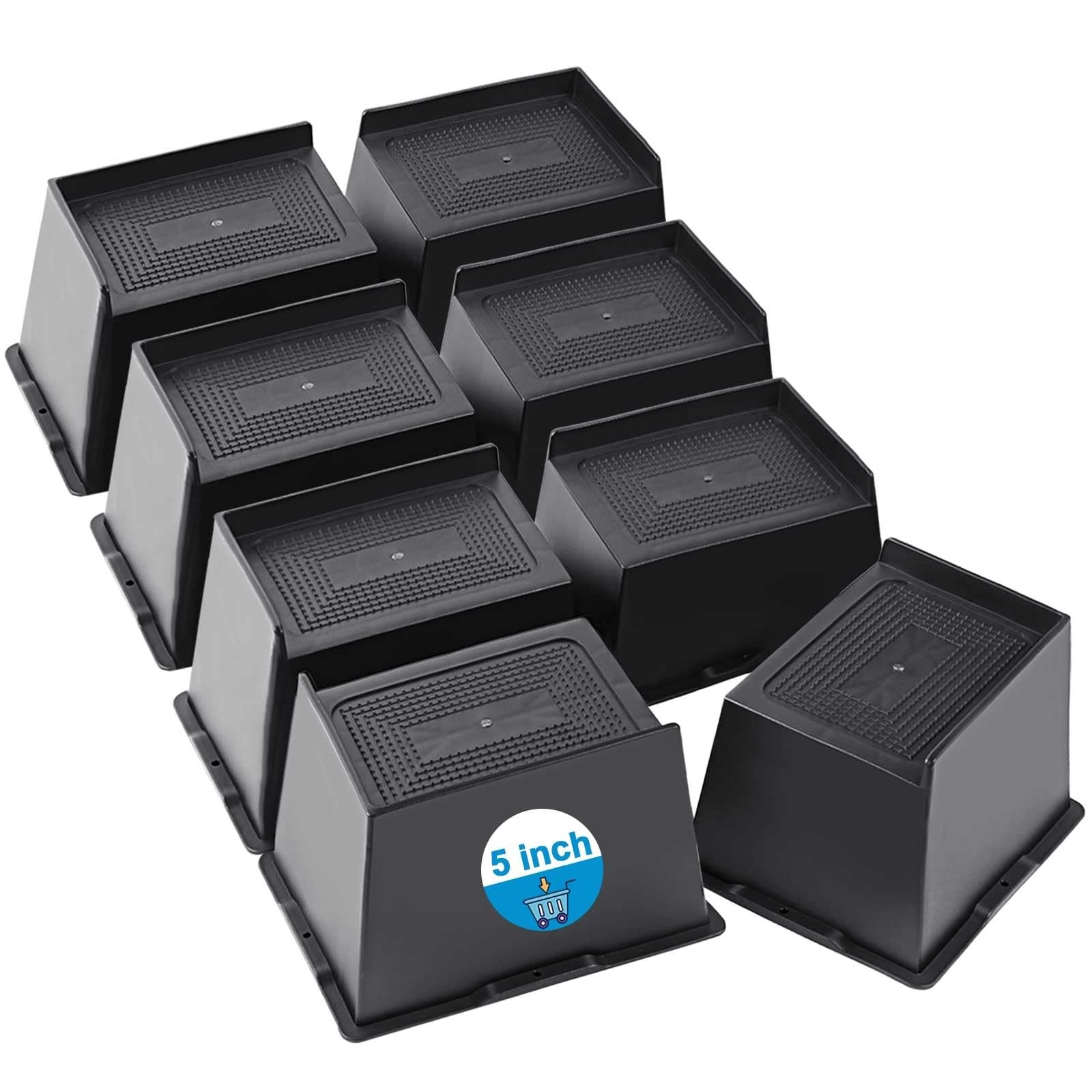EGTTGIN heavy-duty bed risers in 2 to 6 inch sizes, showing oversized, durable plastic risers supporting bed frames and furniture.