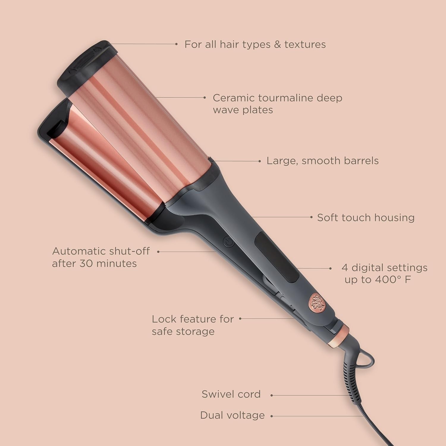Hairitage 3 barrel curling iron with ceramic tourmaline plates for beach waves and curls, shown with the iron heated and ready to use