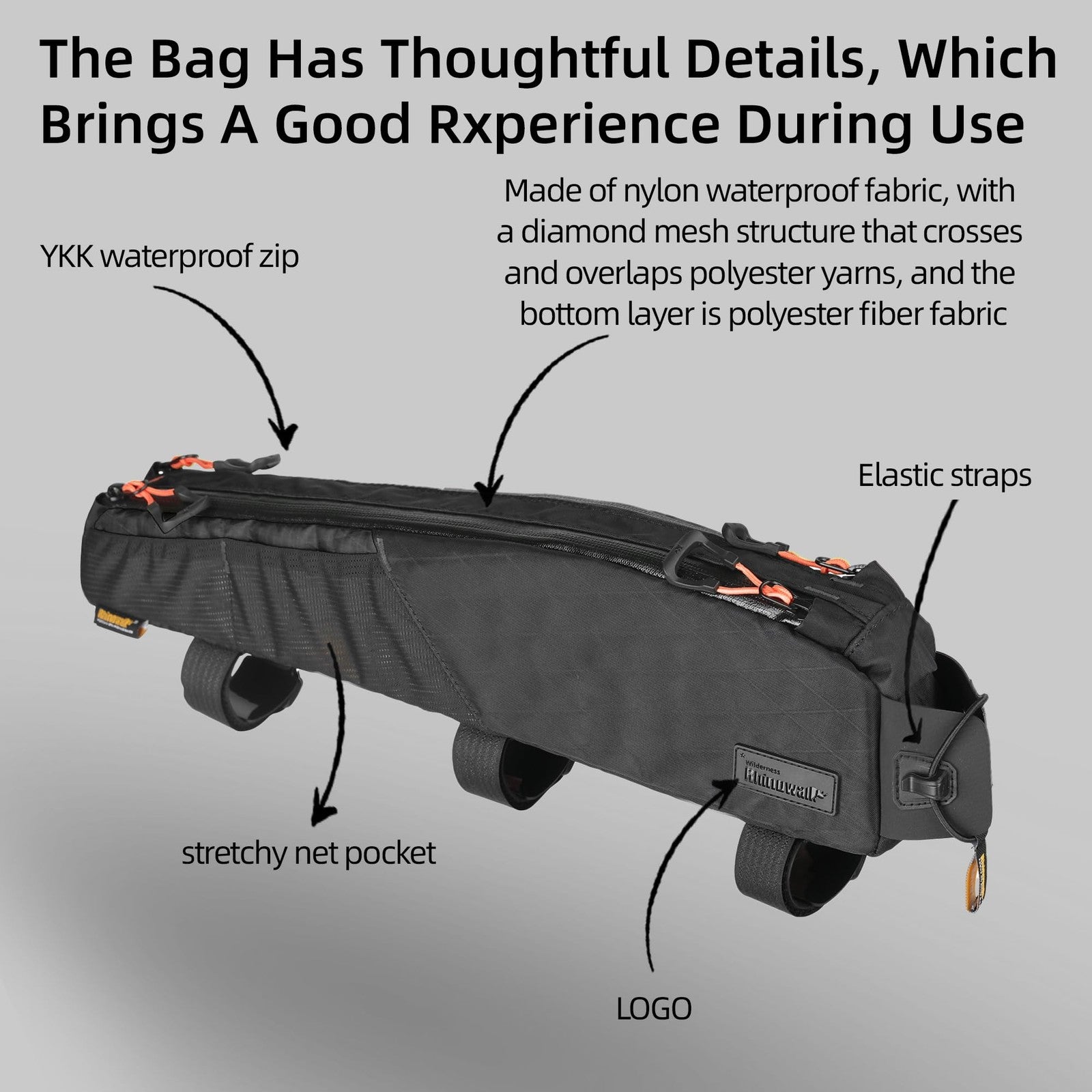 Rhinowalk waterproof bike top tube bag mounted on bicycle front frame, 2.1L capacity, designed for cycling storage and convenience.