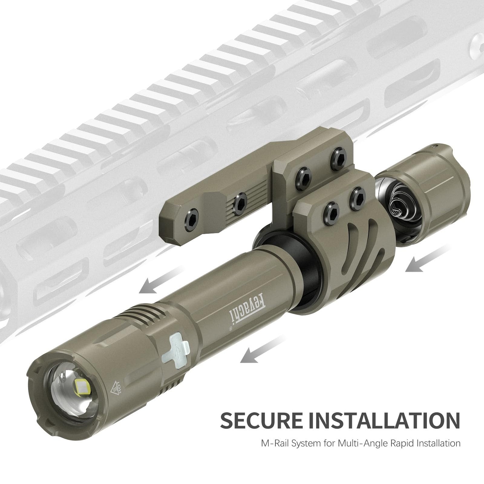 Feyachi tactical flashlight with M Lock mount, pressure switch, and hard-anodized finish for firearm use.