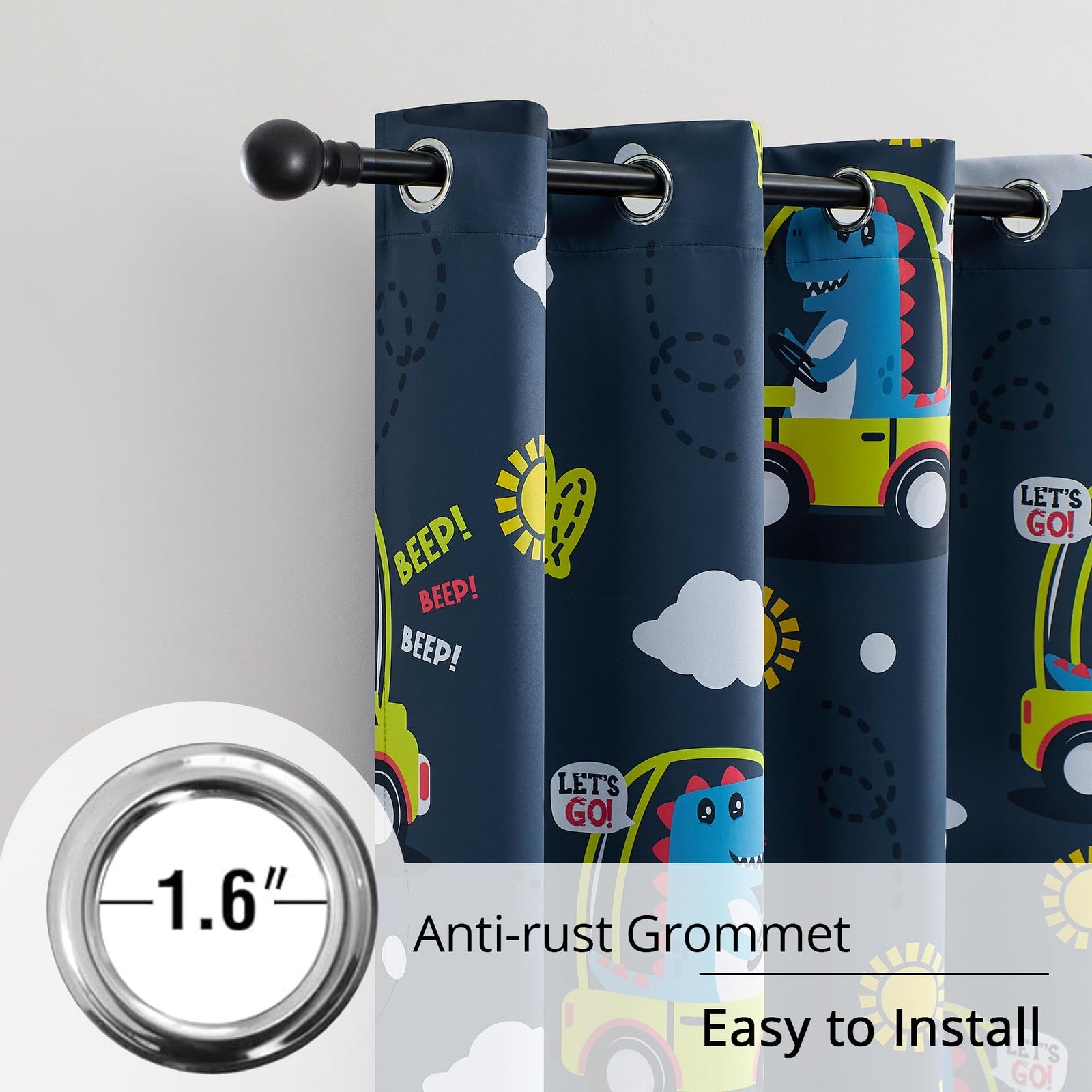 BOHOMOCASA Kids Dinosaur blackout curtains with 2 panels, featuring colorful dinosaur prints on black fabric, each measuring W52xL84 inches.