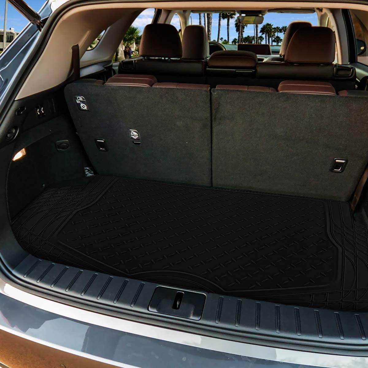 ZONETECH All Weather Rubber Cargo Trunk Floor Mat with semi-pattern design, durable and waterproof for vehicle protection.