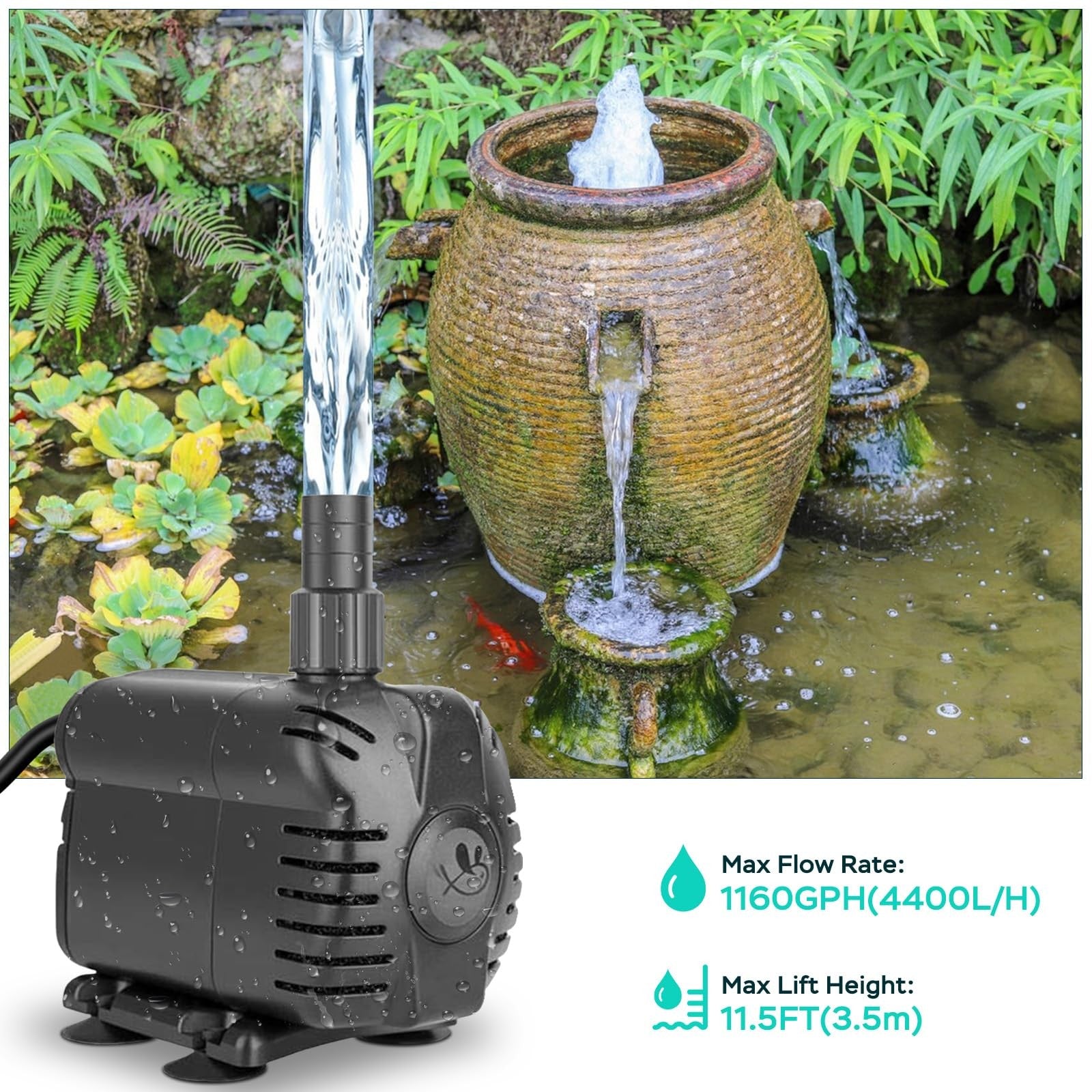 AquaMiracle 1160 Gph submersible water pump for ponds and aquariums, showing the compact pump with inlet and outlet fittings.