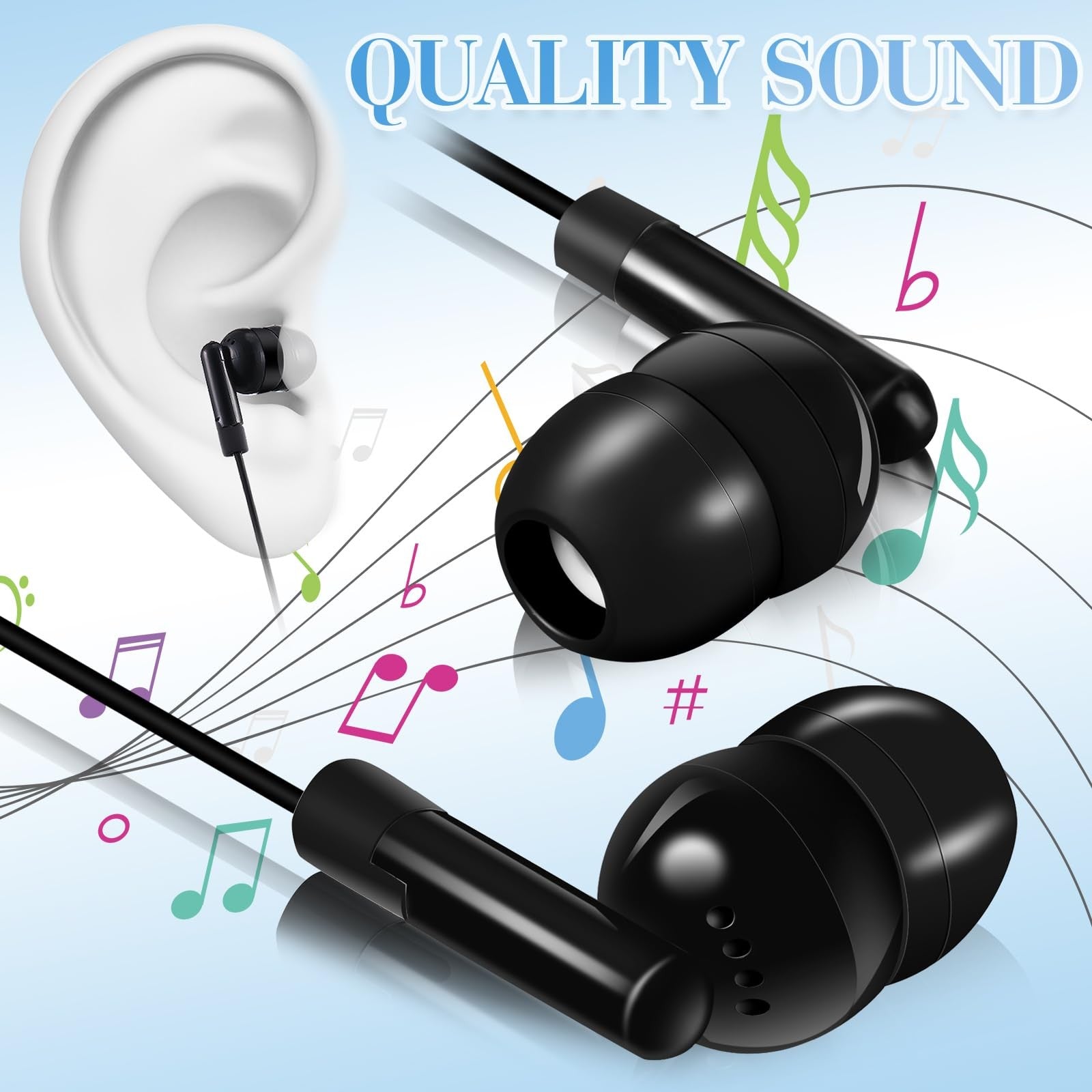 Kanayu 100-pack bulk earbuds with 3.5mm jack, individually bagged, suitable for students and everyday listening.
