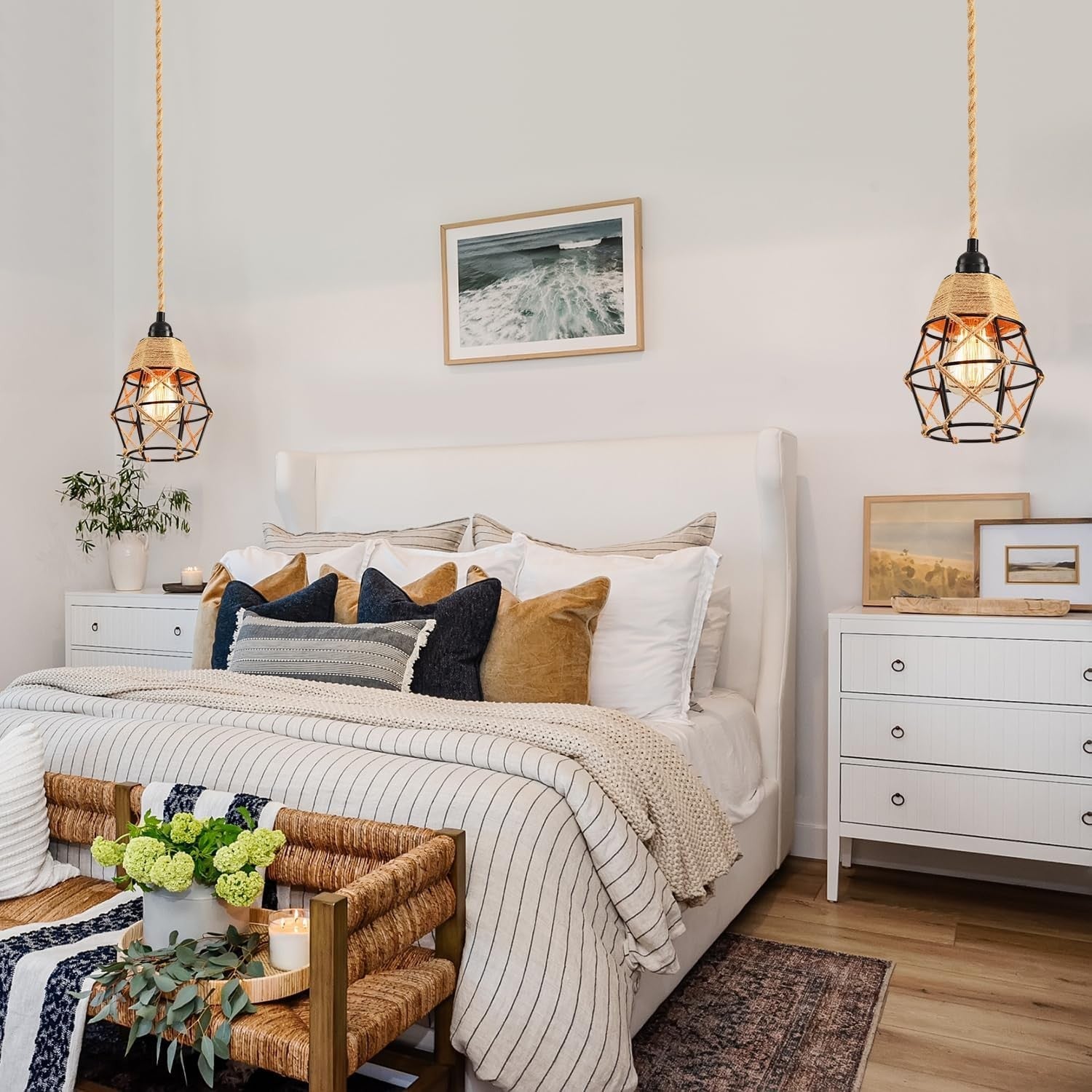 Industrial hanging light with plug-in cord, hemp rope, and on/off switch, designed in farmhouse style by CAFULAM.
