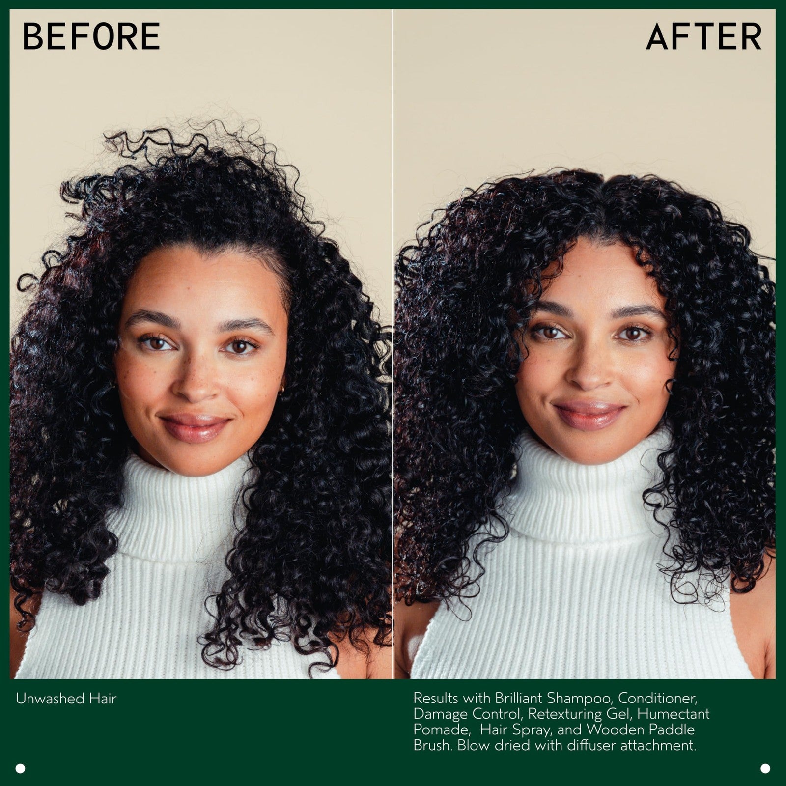 Aveda Brilliant Humectant Pomade showcasing shiny, defined curls with healthy texture and smooth finish.