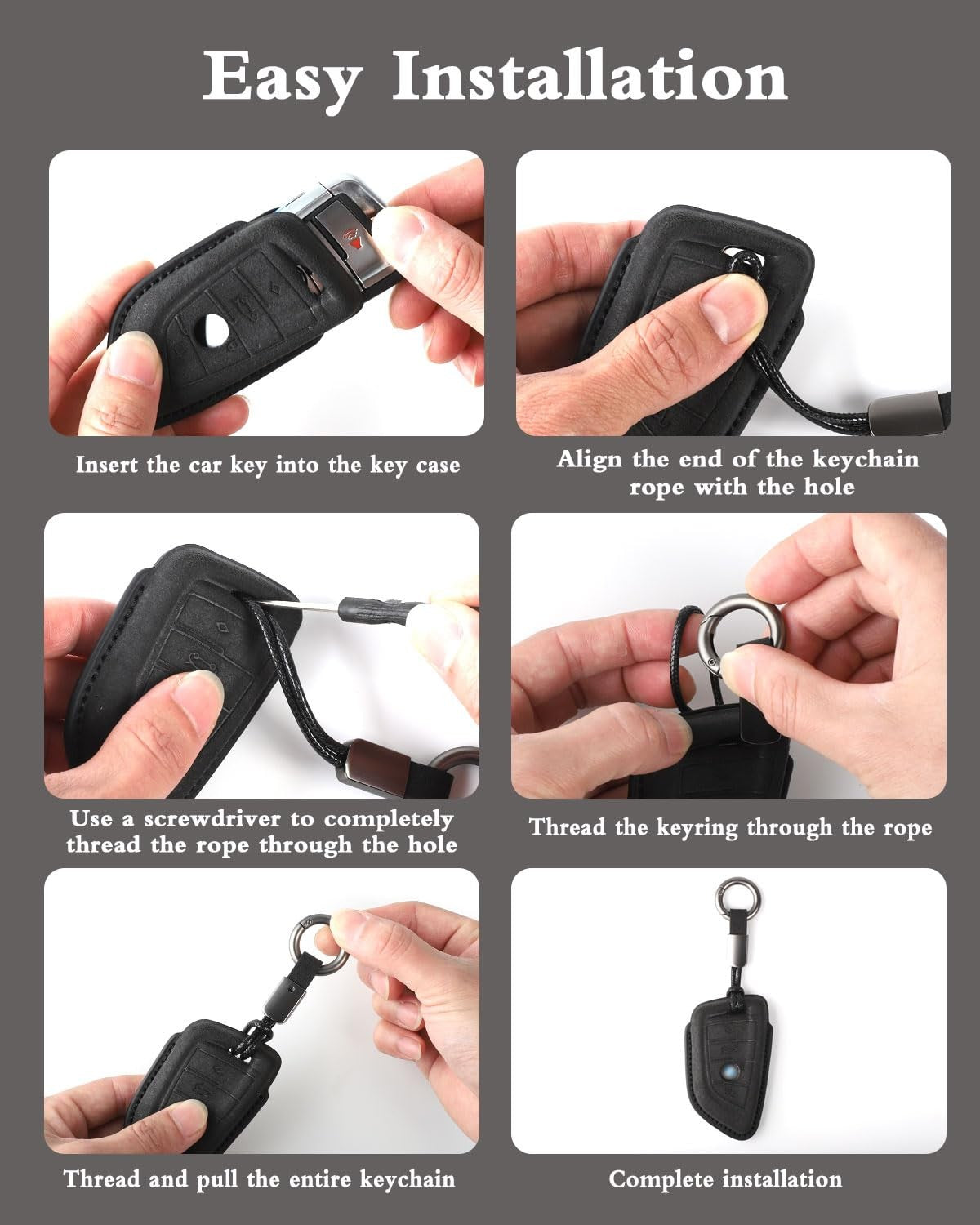 XMZAIMY BMW key fob cover with keychain for 3, 5, 6, 7, X1, X2, X3, X5, and X6 series, showing protective case and attached keychain
