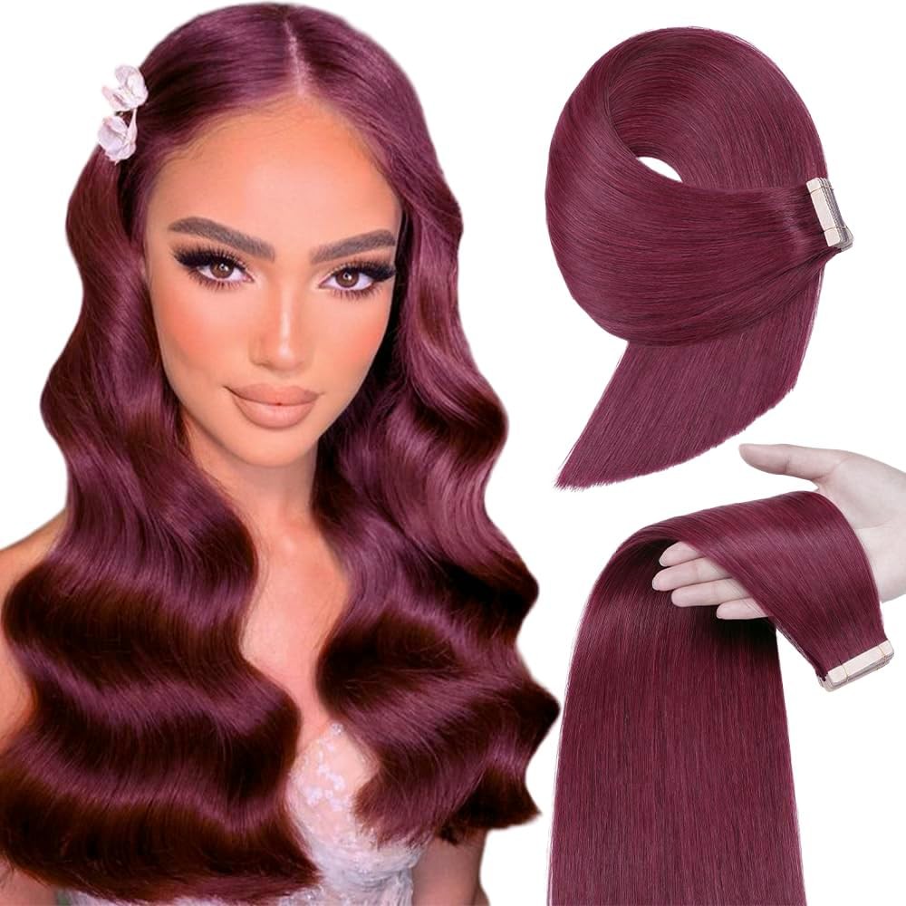 OBHD Burgundy tape-in human hair extensions, 20pcs, 16-inch Remy straight skin weft for natural, seamless hair enhancement.