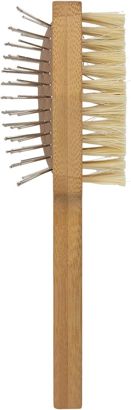 Burt's Bees for Pets double-sided dog brush with pin and hemp bristle sides for grooming and detangling dogs.