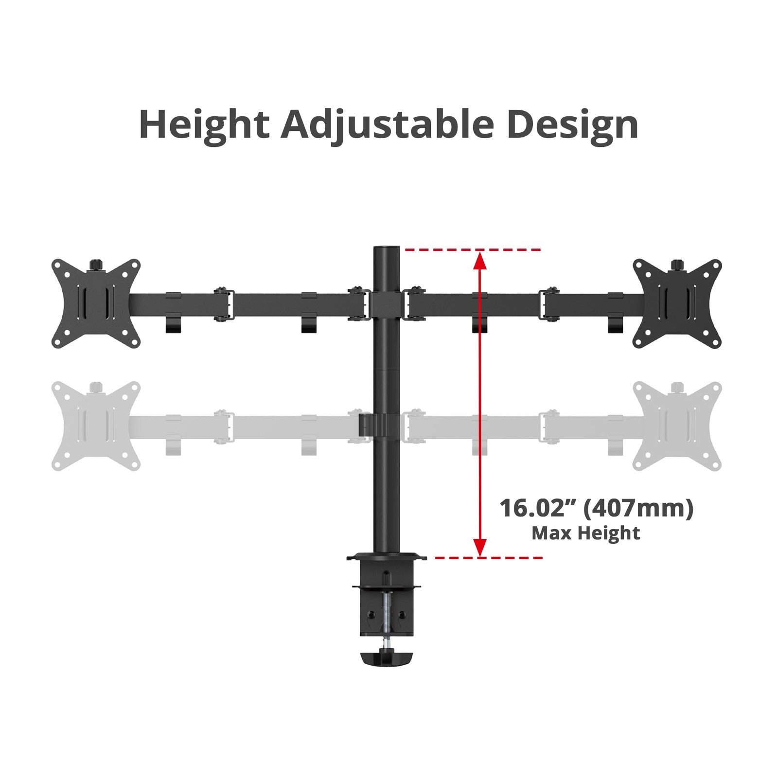 SIIG dual 32-inch articulating monitor arm in black holding two VESA-compatible screens, adjustable for ergonomic viewing.