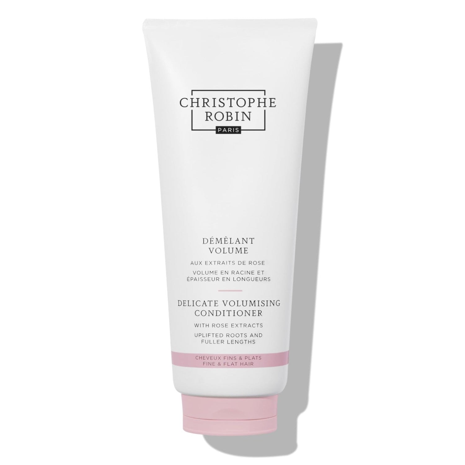 Christophe Robin Delicate Volumizing Conditioner with Rose Extracts for thin hair, showing the bottle with rose details.