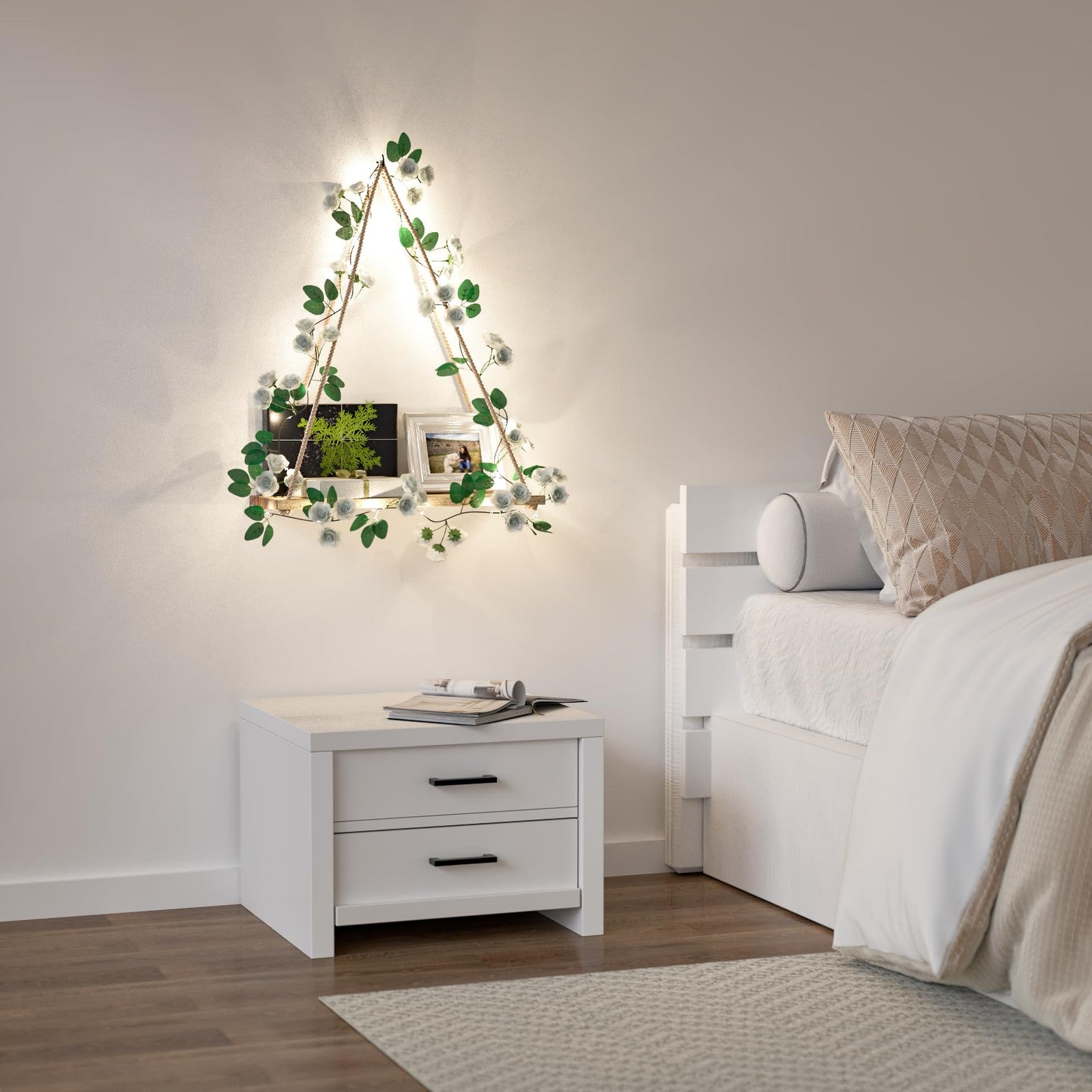 Artificial white flower garland with LED strip, wall hanging shelves set by RICHER HOUSE, ideal for decorative home display.