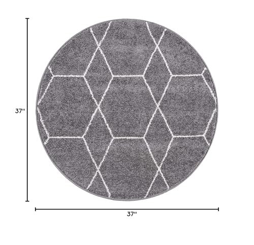 Dark gray geometric area rug from Unique Loom Trellis Frieze Collection featuring a round shape and modern design.