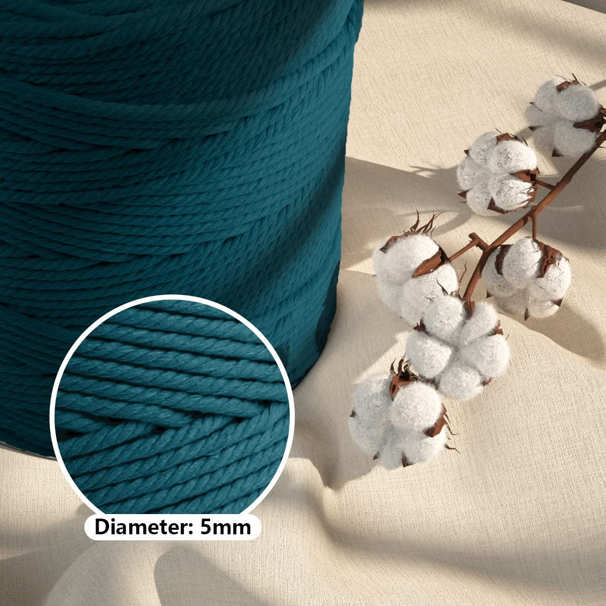 Natural handmade peacock blue macrame cotton cord, 5mm thick, braided, 328 yards long for crafting and DIY projects.