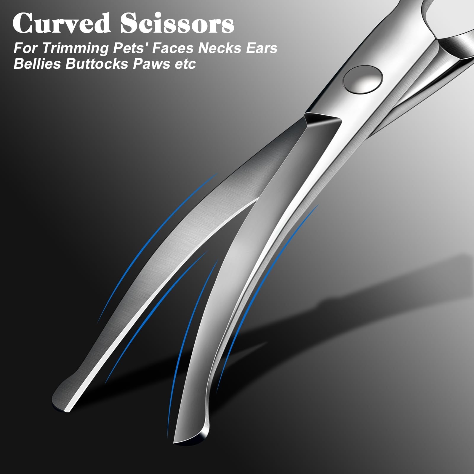 Saccison Pro 4-in-1 pet grooming scissors kit with round tips and sharp shears for dogs and cats on a grooming table