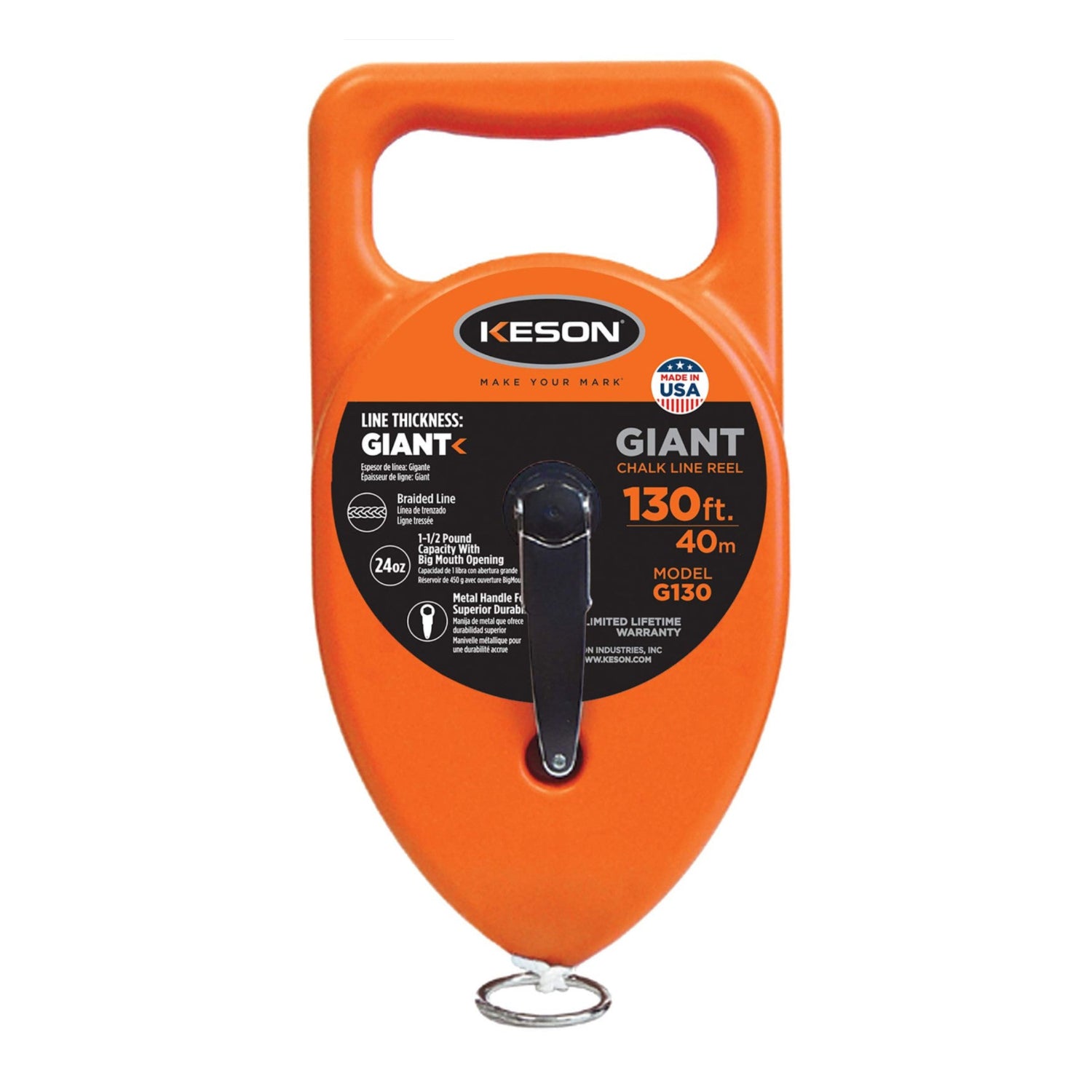 Keson G130 giant chalk line reel with 130ft length and 24oz chalk capacity, shown with the reel and chalk line in use.