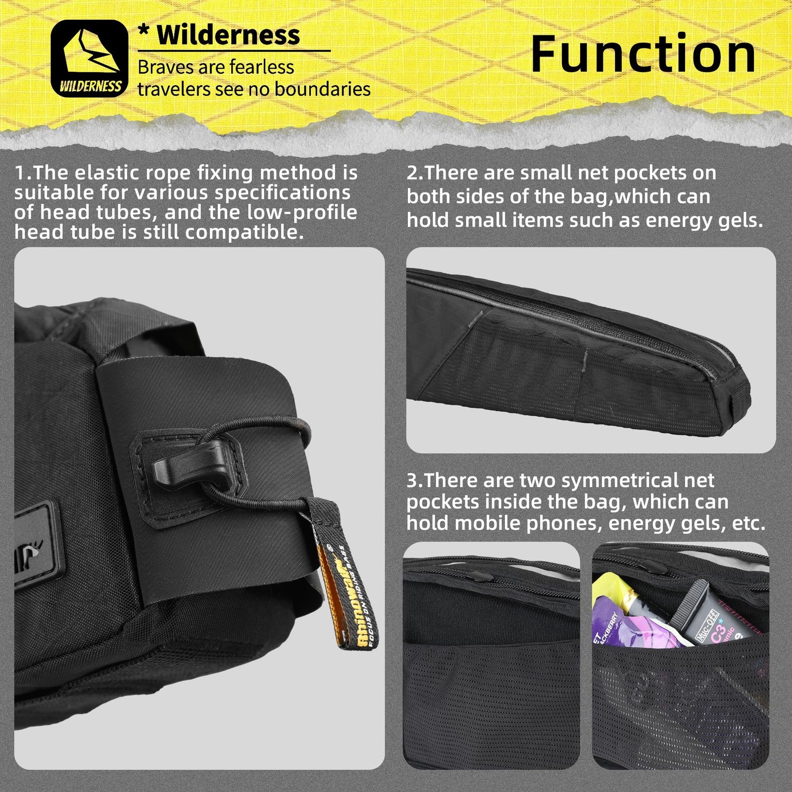 Rhinowalk bike top tube bag, waterproof bicycle front frame bag with 2.1L capacity, mounted on a bike's top tube for storage.