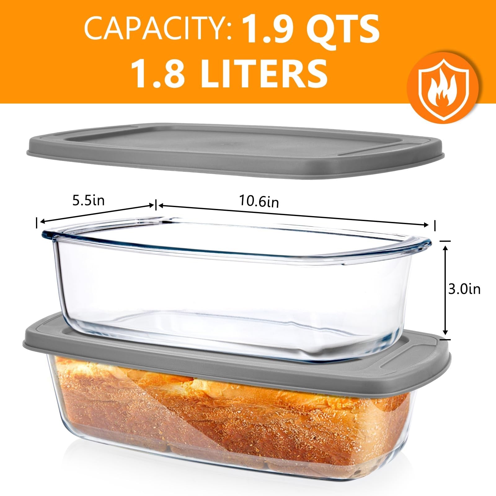 BAKEWAY glass loaf pan with lid for baking bread, 1.9 Qt, clear tempered glass loaf pan for oven use