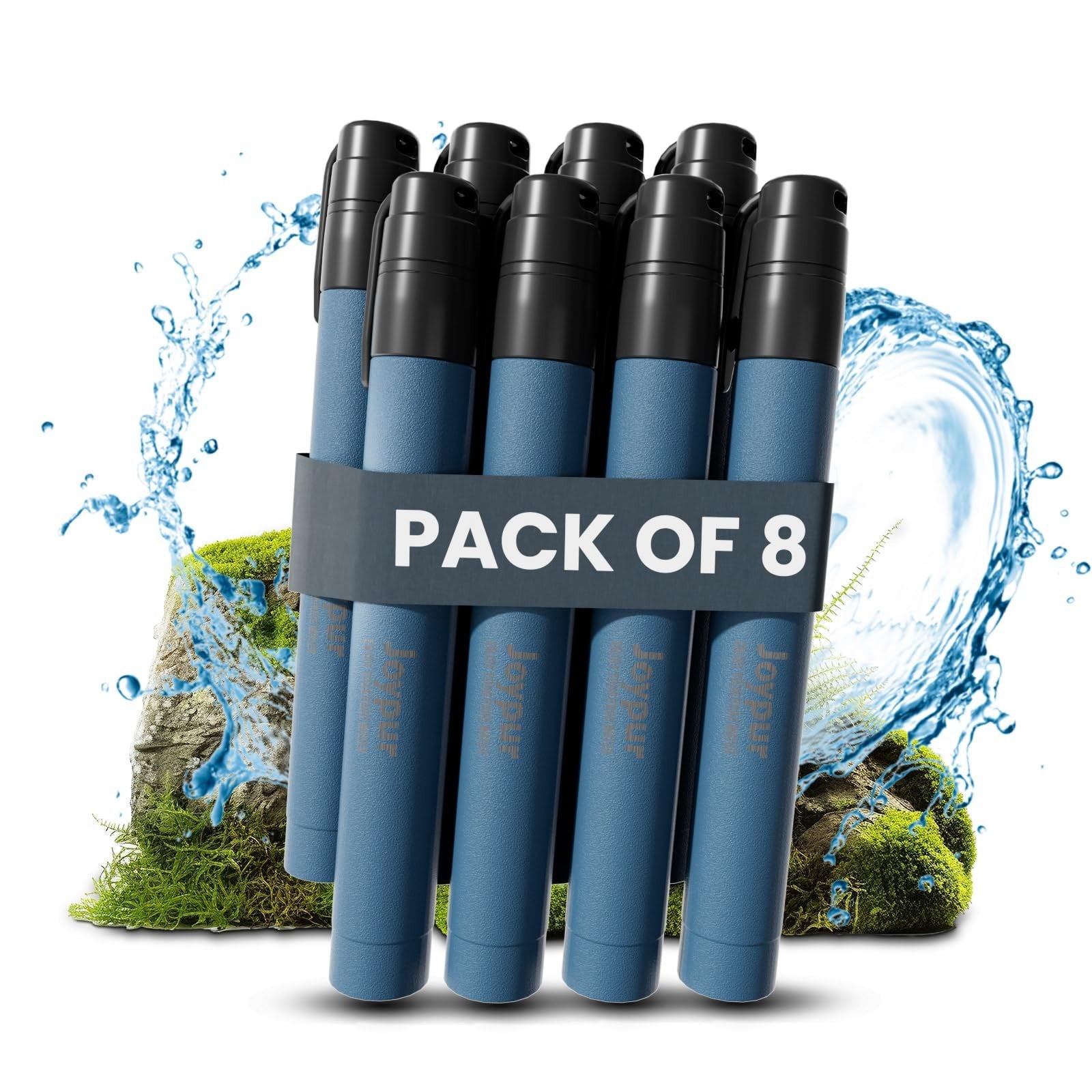 Joypur 8-pack water filter straws for hiking and camping, portable emergency water purifiers with flexible mouthpiece.