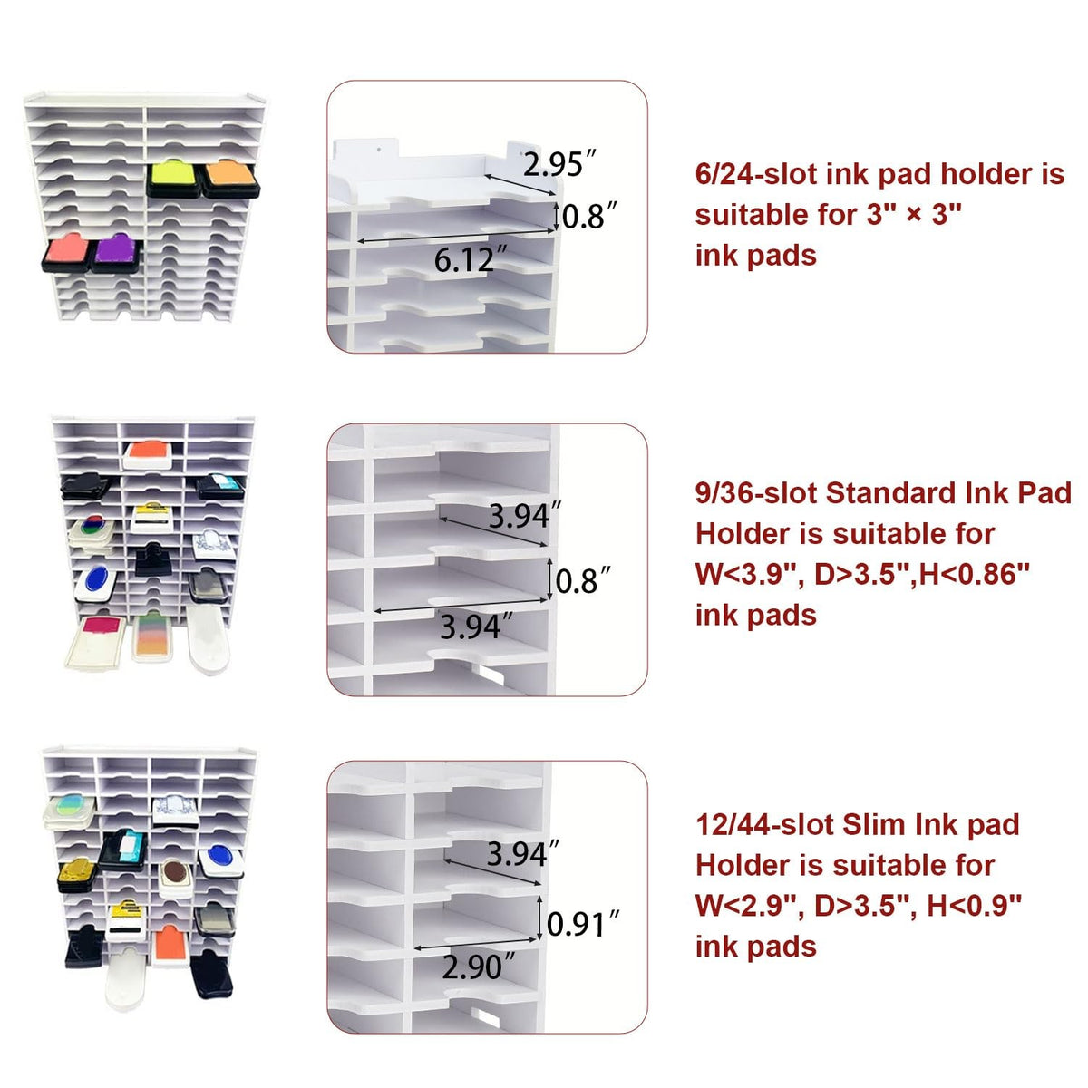 SANFURNEY 6-slot ink pad storage holder with top rack for stamp pads, organized in a clear plastic container.