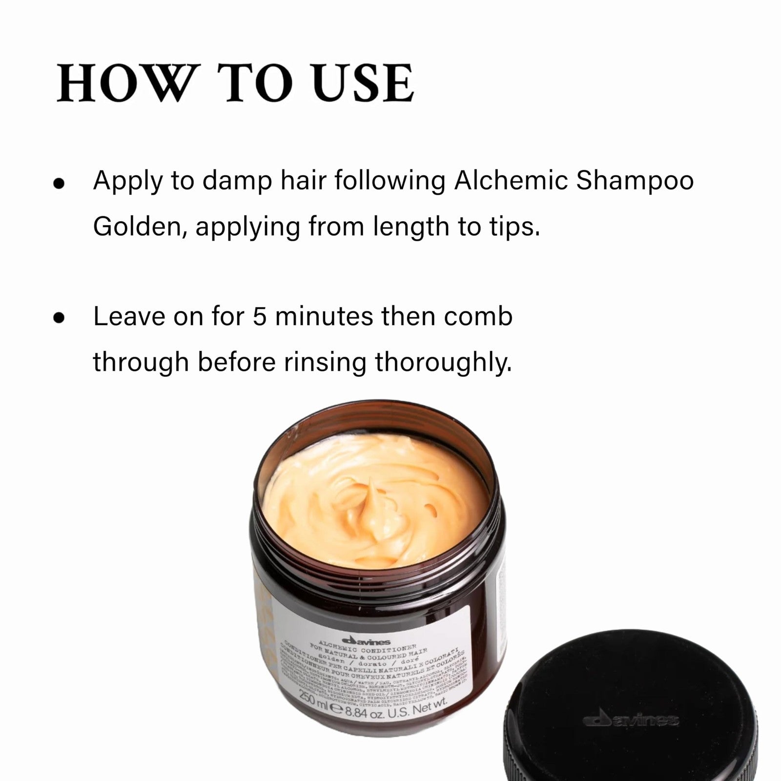 Davines Alchemic Conditioner Golden, a color-depositing cream for golden blonde hair, shown in a sleek jar with golden accents.