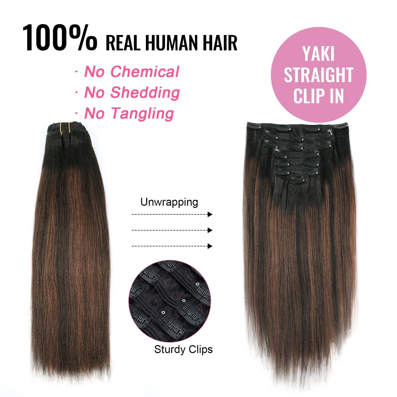 ABH AMAZINGBEAUTY HAIR Yaki Straight clip-in extensions in rooted black with natural black piano finish, showing the hair's smooth texture.