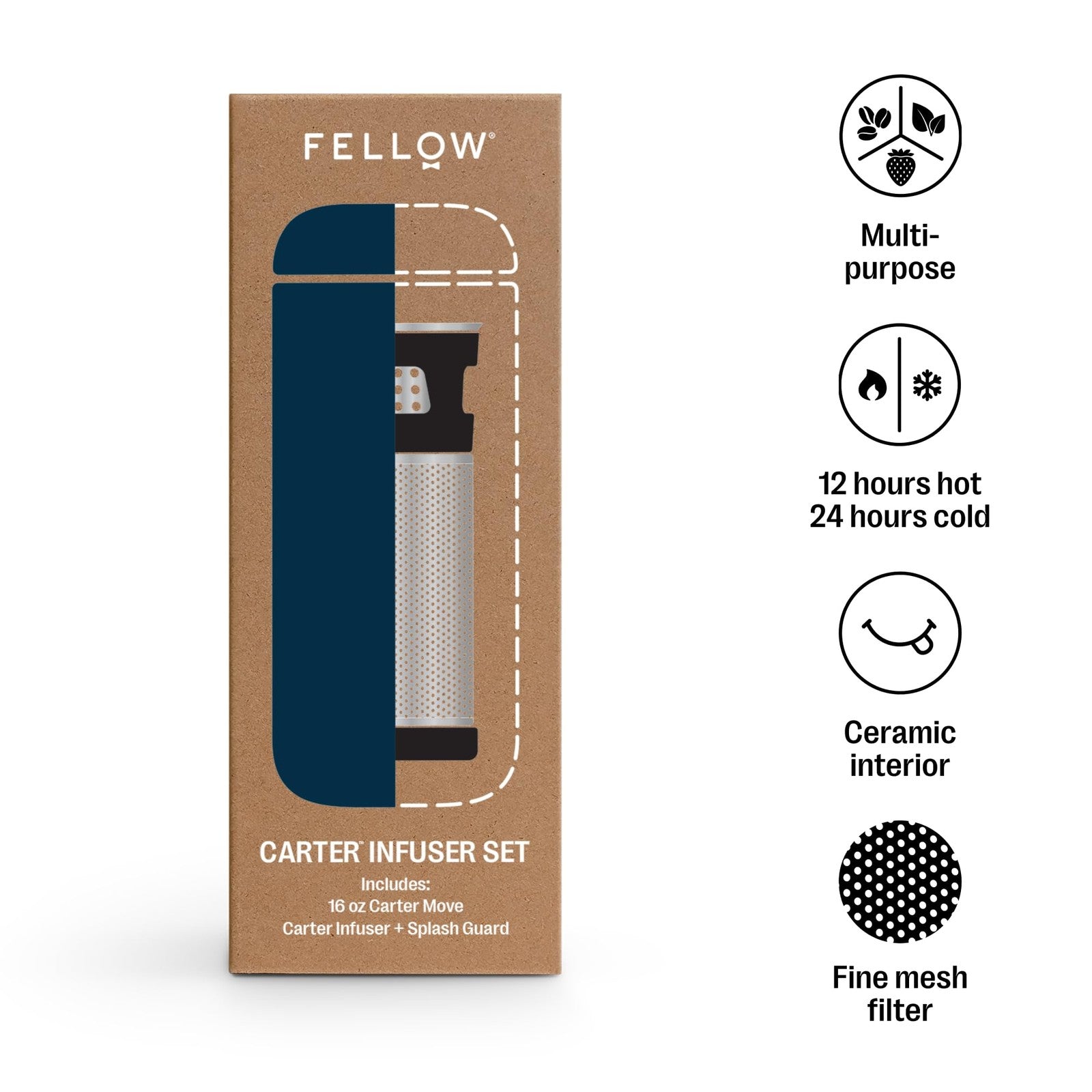 Fellow Carter tea and cold brew infuser with 16 oz Carter Move tumbler set, stainless steel design with black accents, ready for brewing.