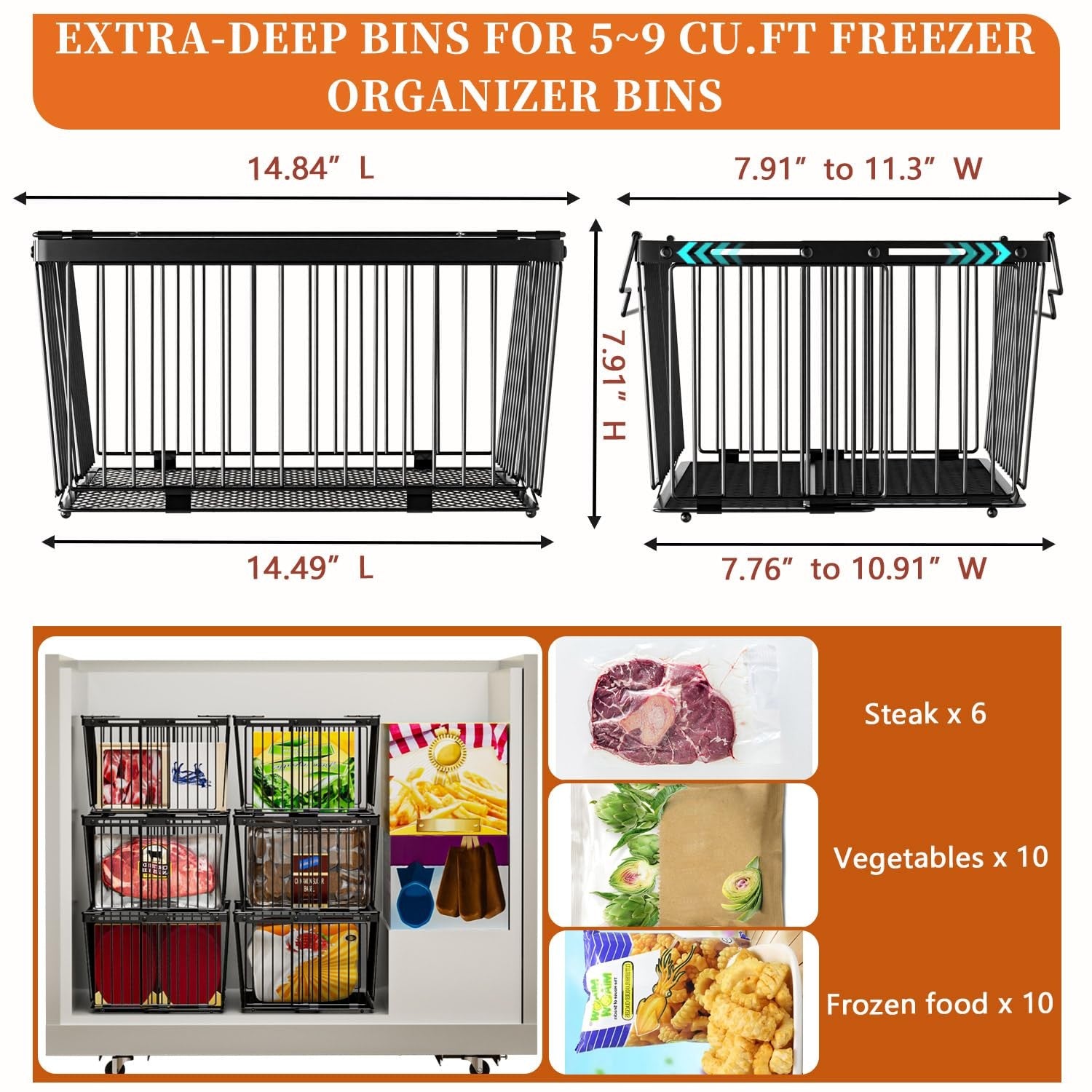 Anjuban large freezer organizer bins with leak-proof bottom, designed for 5 to 9 cu ft freezers, featuring netfit compartments.