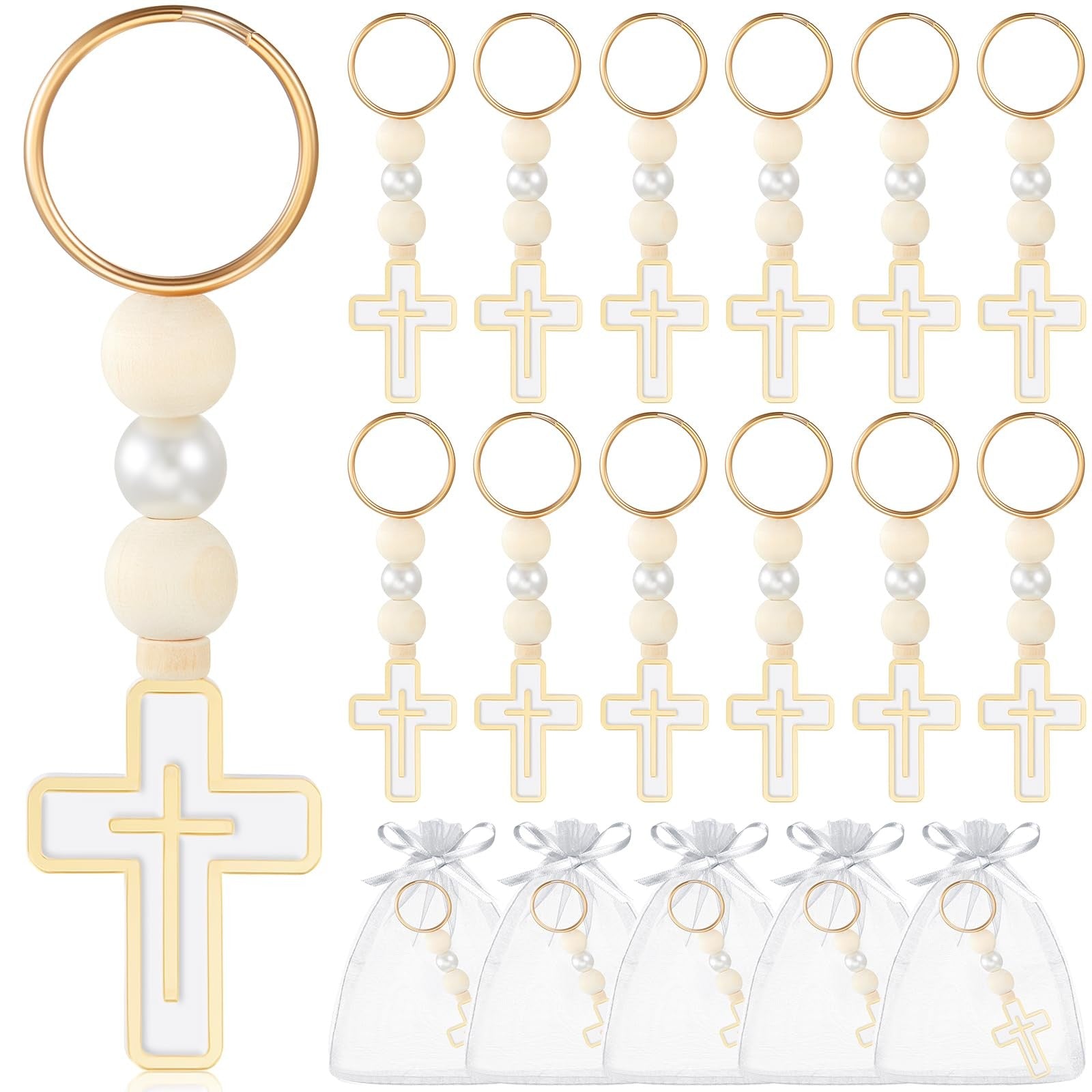 Quelay First Holy Communion rosary beads with cross crucifix, set of 50, featuring small beaded strands with metal cross and keychain attachment.